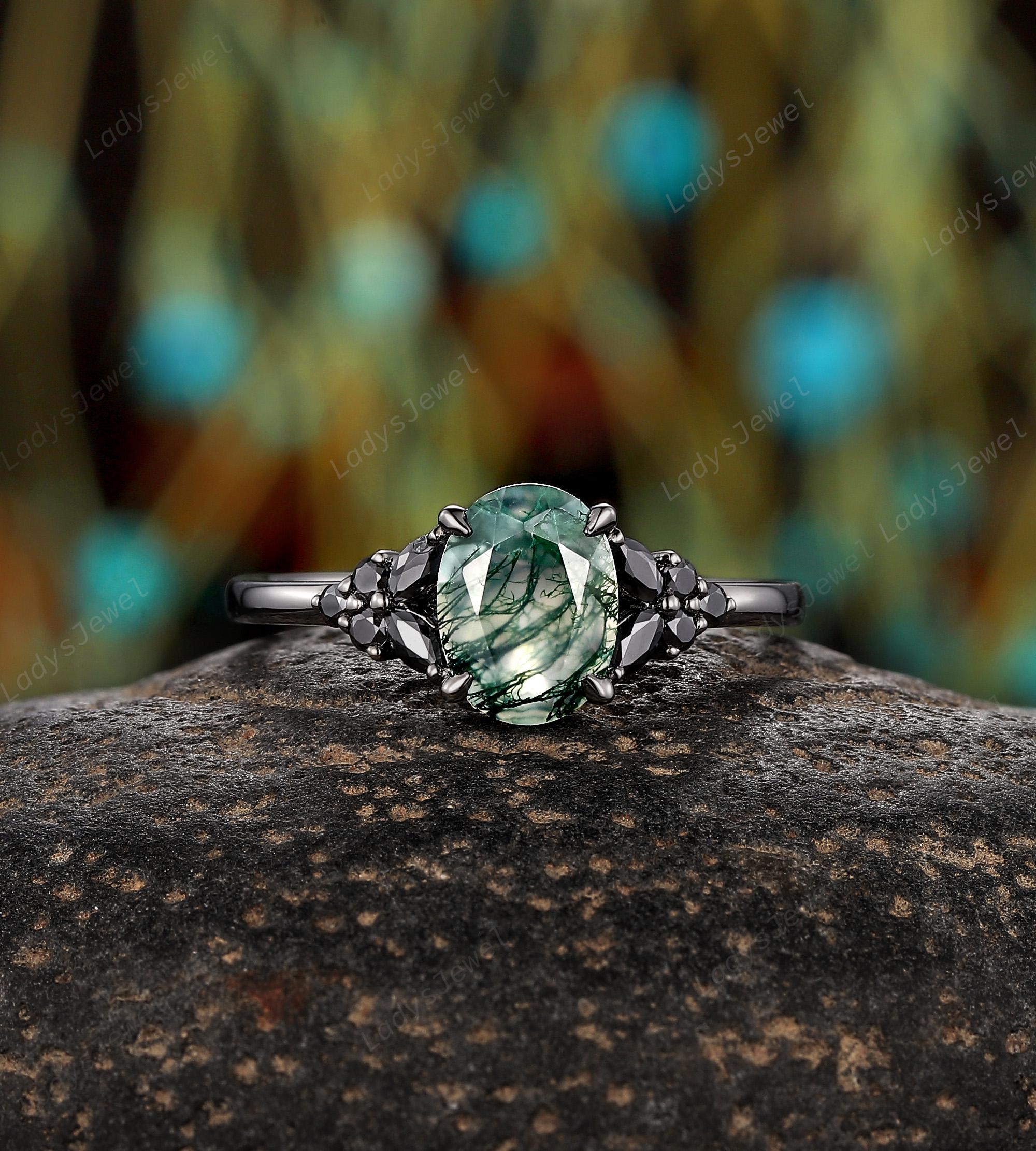 Nature Inspired Moss Agate Engagement Ring, Rhodium Black Gold