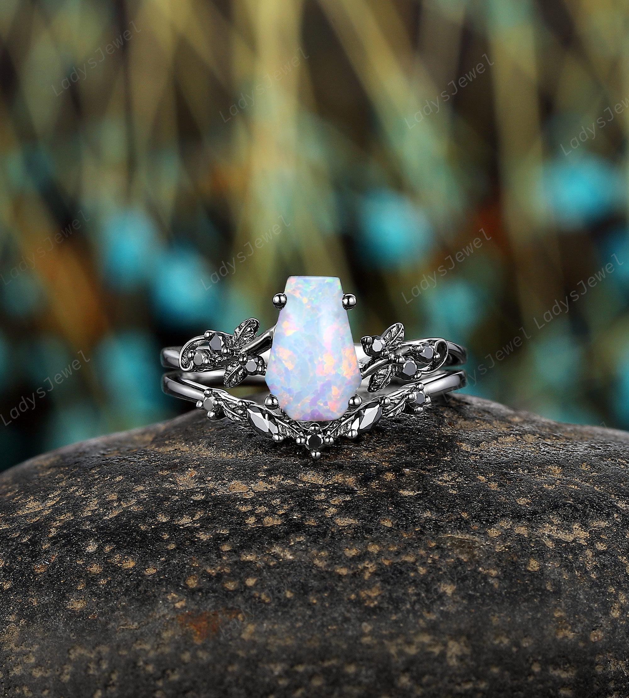 Nature Inspired Coffin Cut White Opal Engagement Rings Black Gold