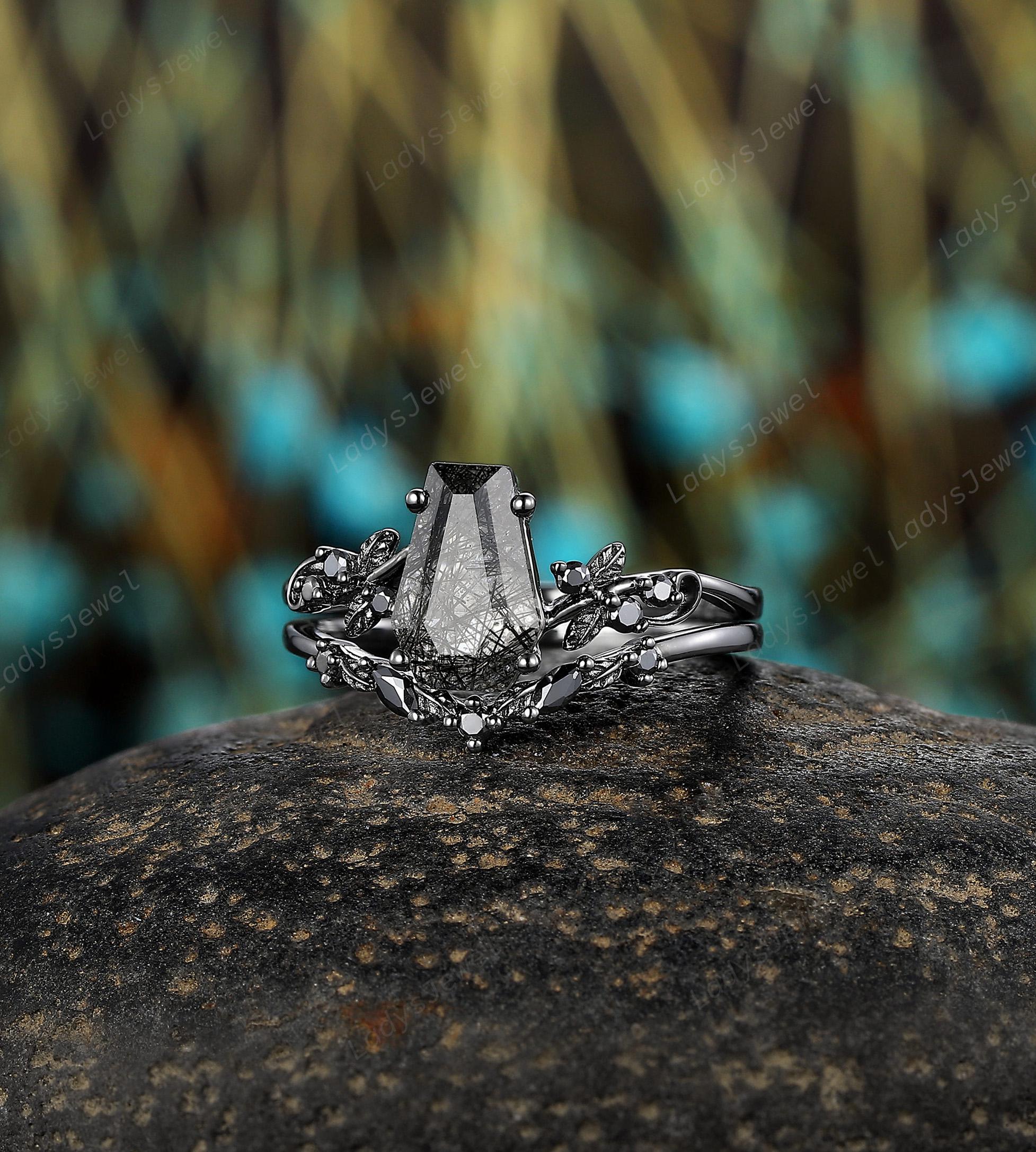 Gothic Coffin Cut Black Rutilated Quartz Bridal Set, 14K Black