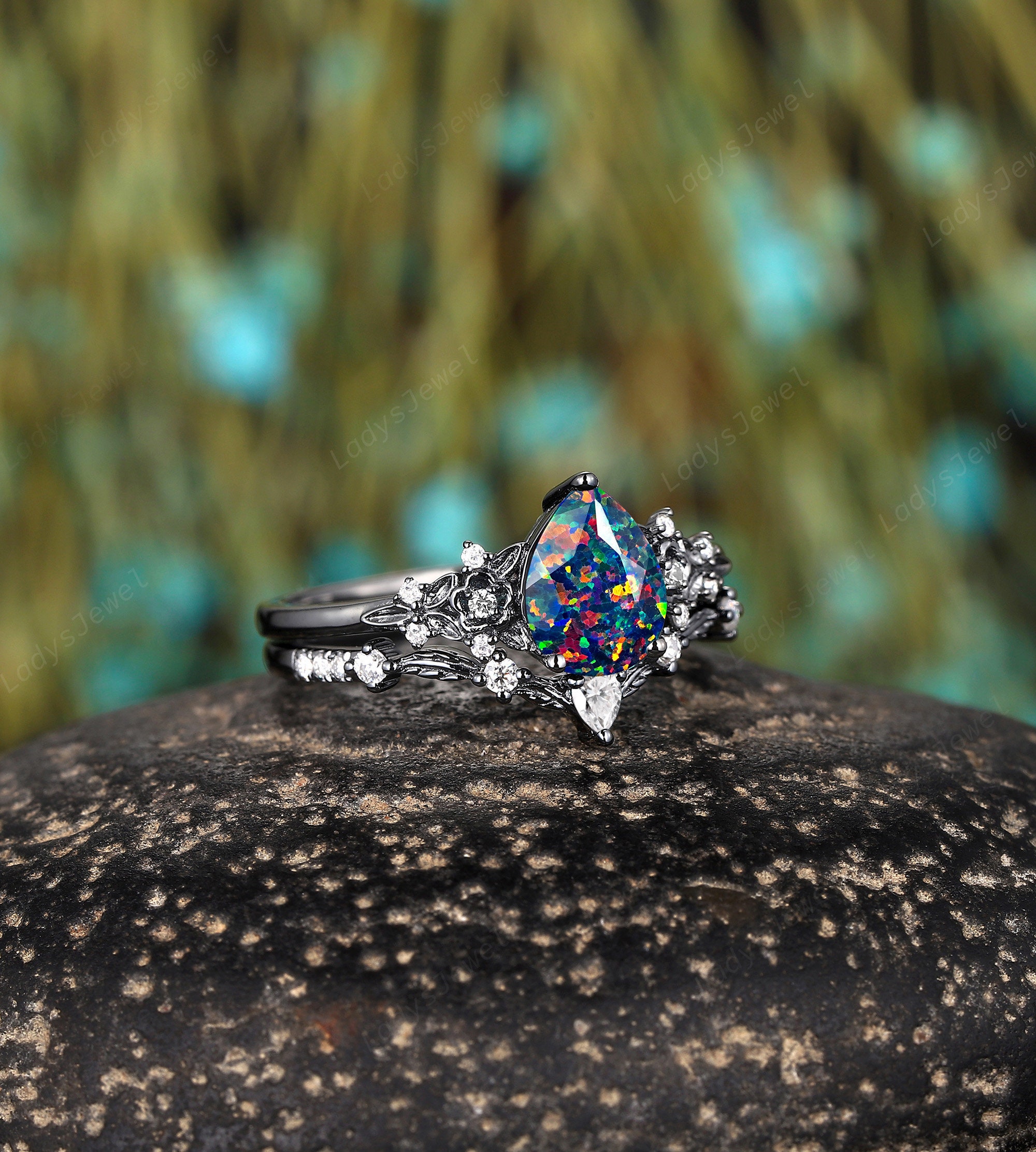 14K Black Gold Black Opal Bridal Set Gothic Pear Facet Black Fire