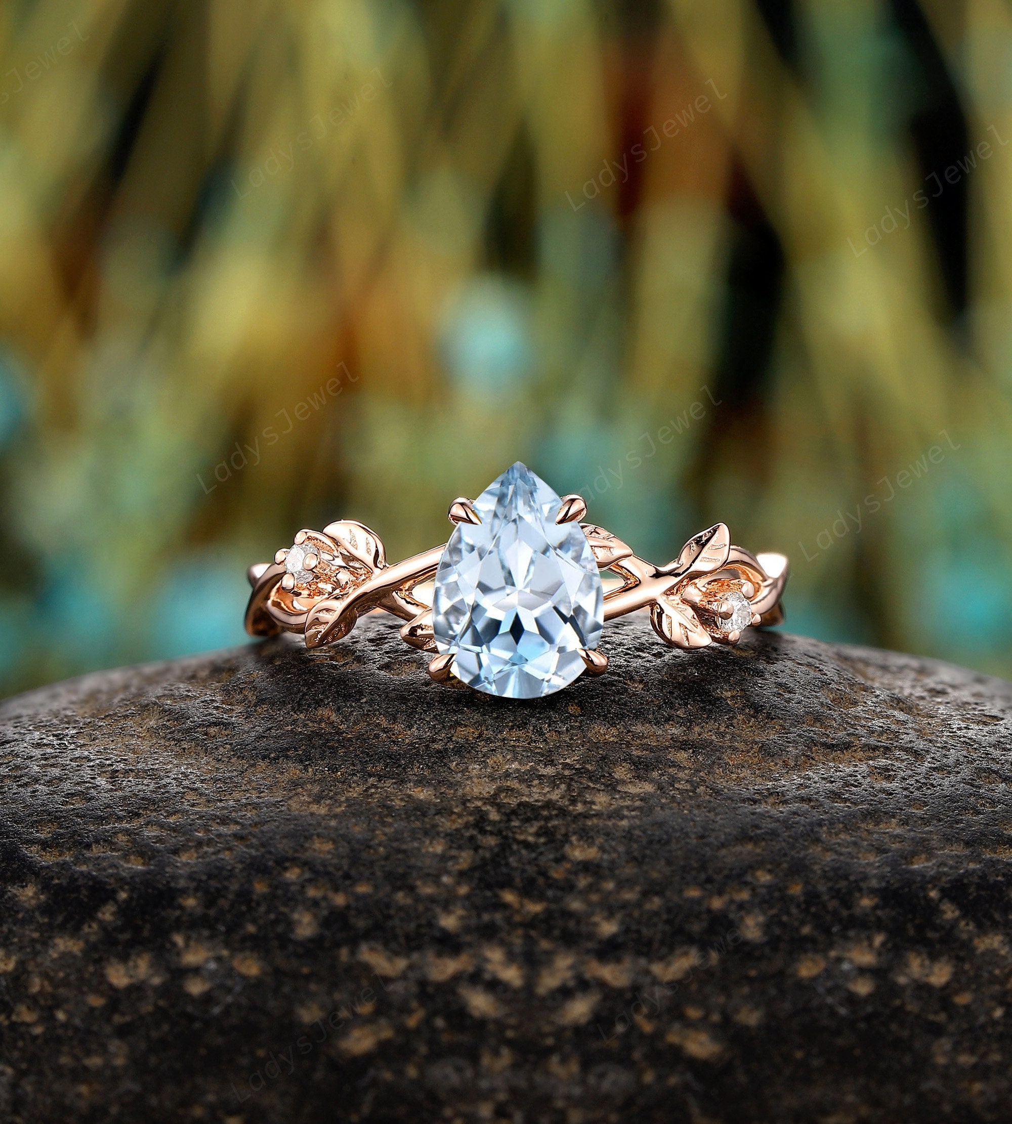 Aquamarine and Diamond Engagement Ring, Pear Cut Natural Blue