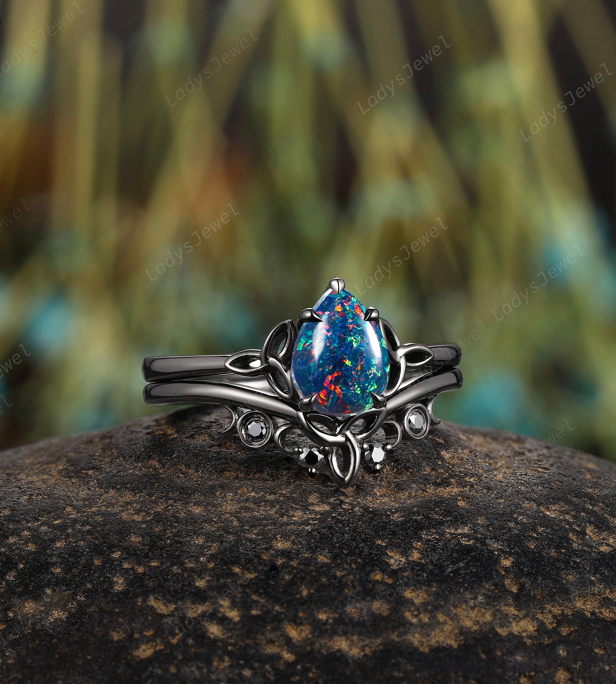 Gothic Pear Cut Black Opal Engagement Rings Crescent October