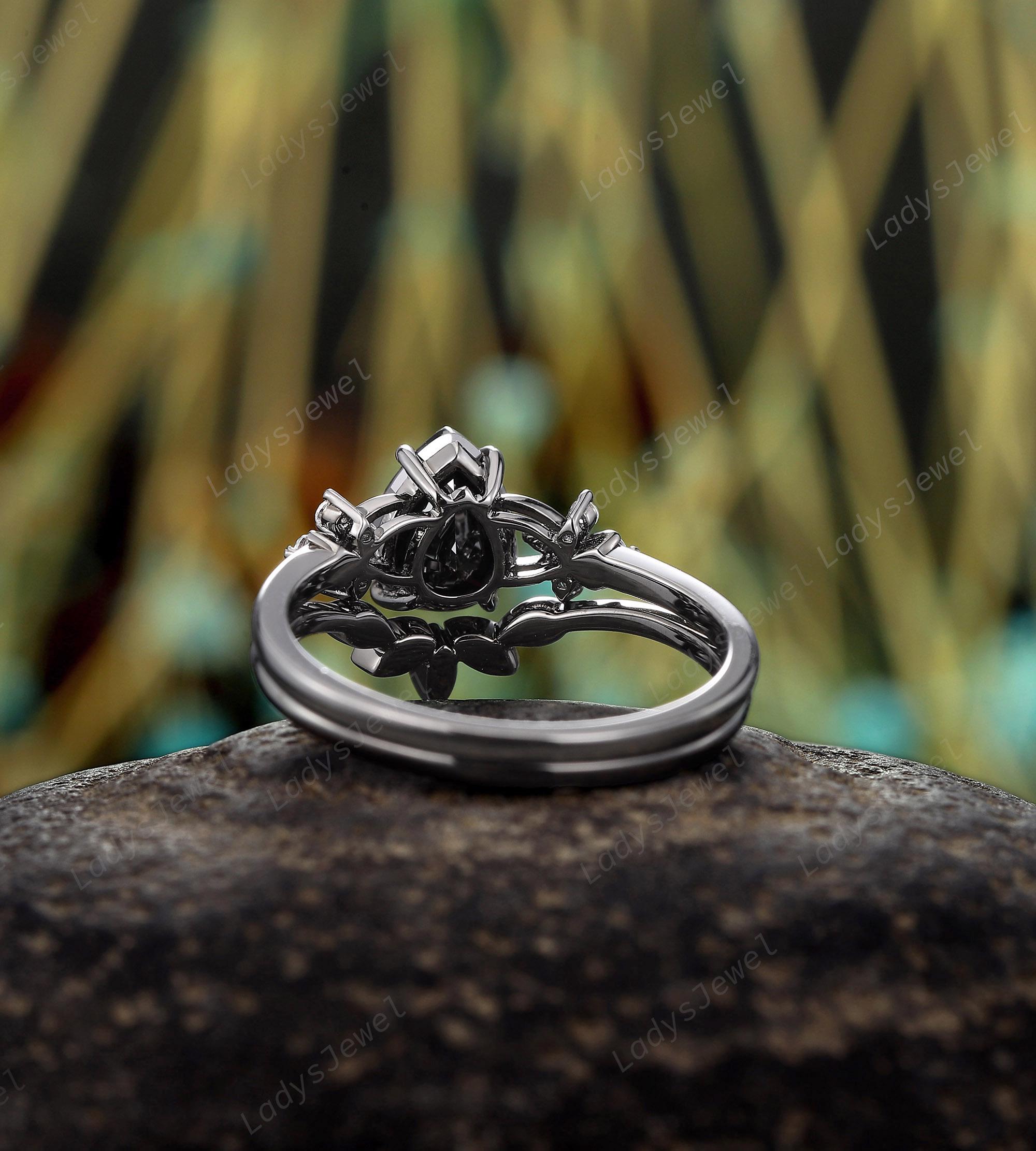 Nature Inspired Pear Cut Black Moissanite Engagement Ring Rhodium