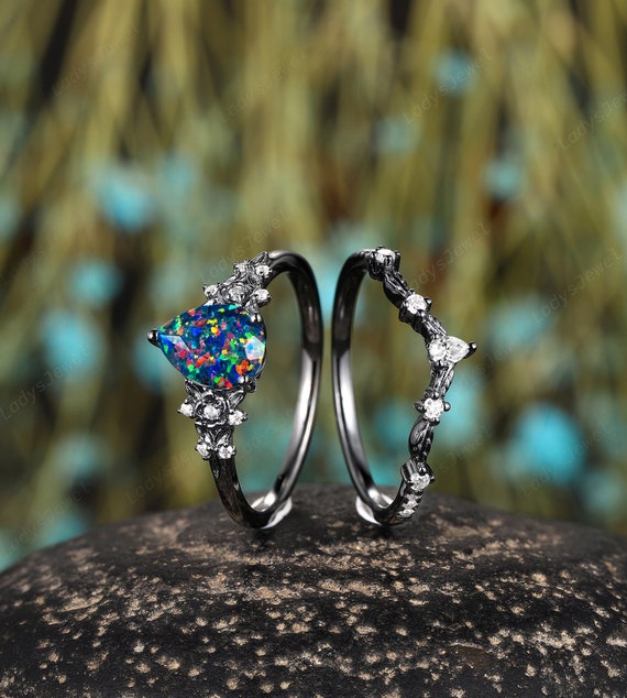 14K Black Gold Black Opal Bridal Set Gothic Pear Facet Black Fire