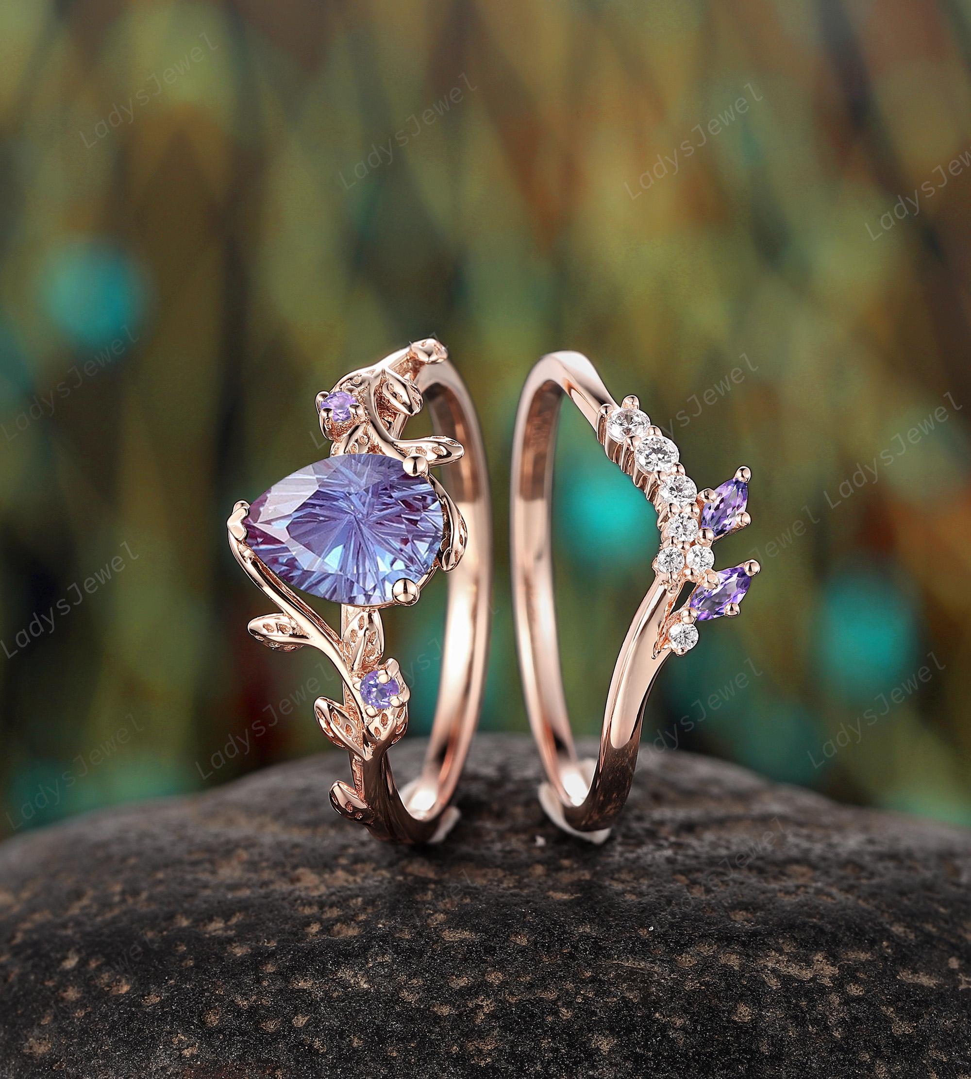 アスティエ　クリスマスオーナメント　ENGAGEMENT RING Nature Inspired Hexagon Cut Alexandrite Leaf Engagement Ring Set