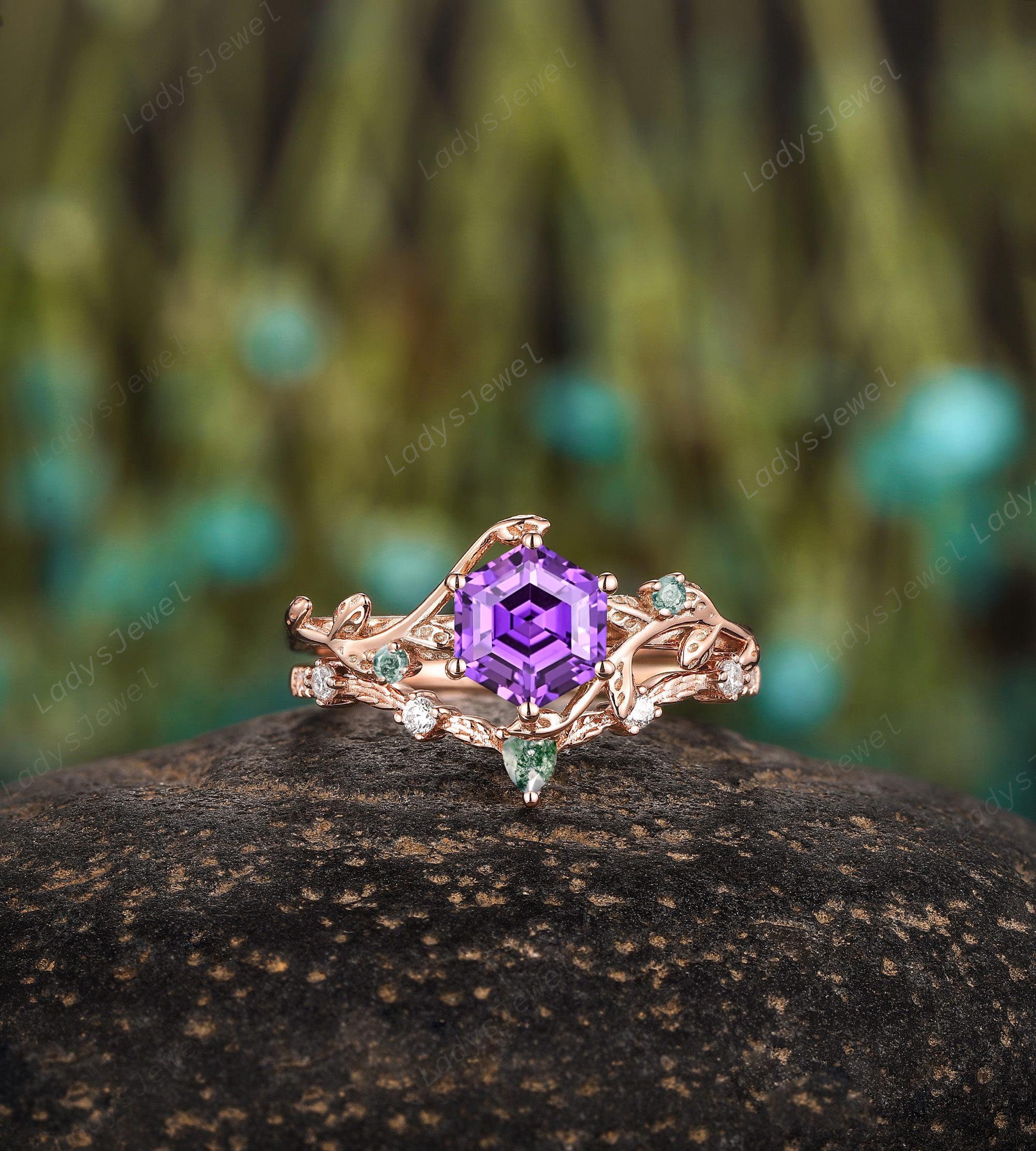 Hexagon Purple Sapphire Bridal Set, 14K Rose Gold Natural Moss