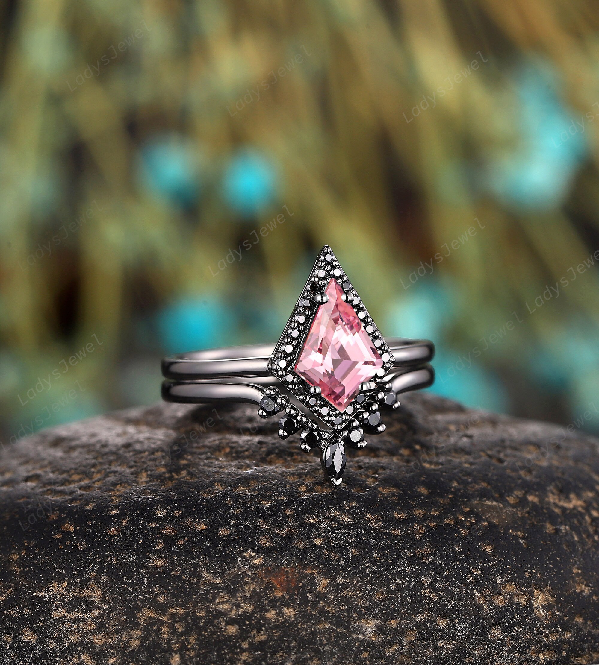Black Gold Kite Cut Padparadscha Pink Sapphire Halo Engagement