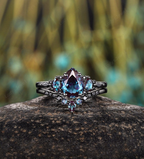 Vintage Pear Cut Alexandrite Bridal Set, Rhodium Black Gold Witchy