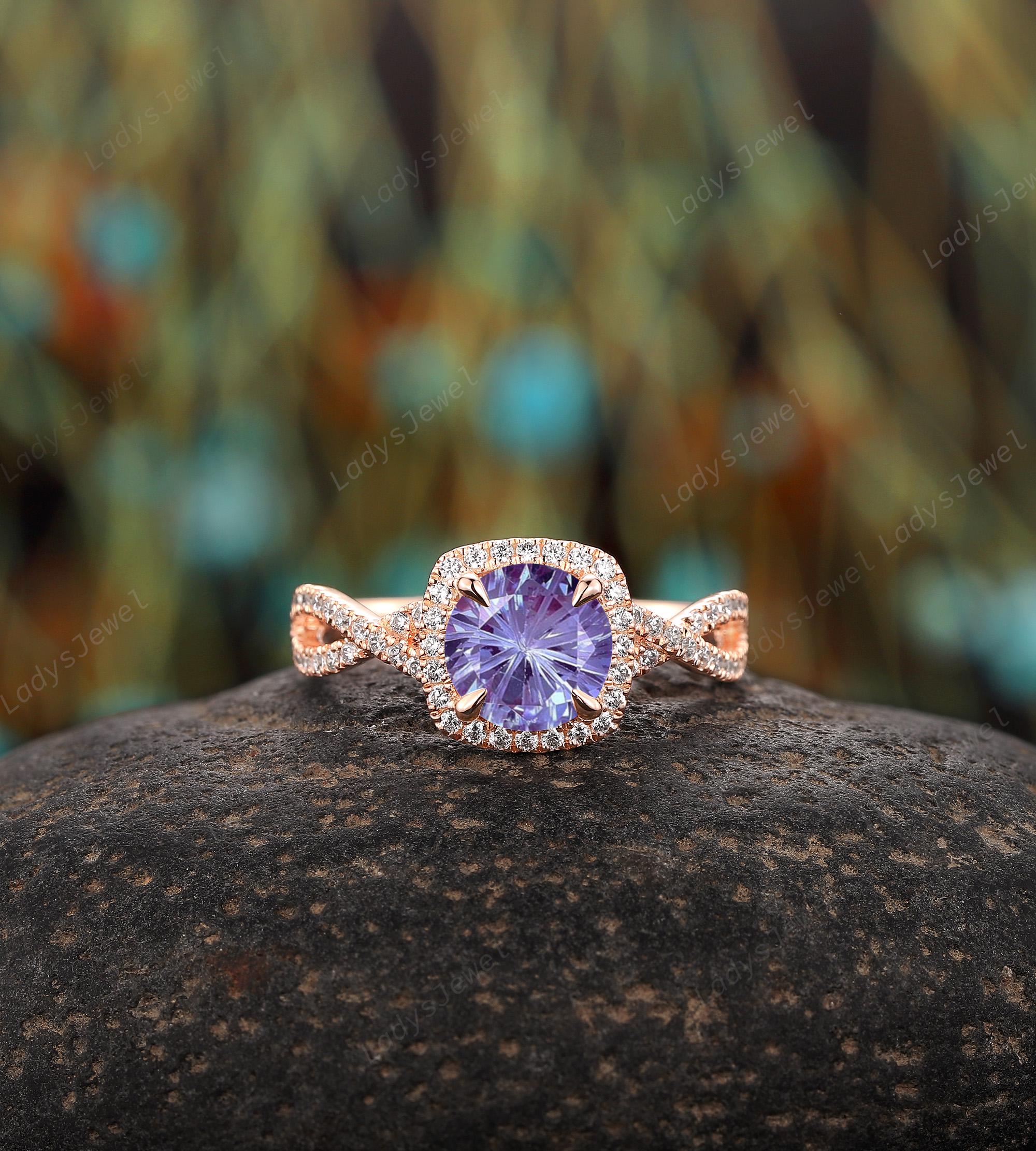 Vintage Fireworks Alexandrite Halo Engagement Ring 14K Rose Gold