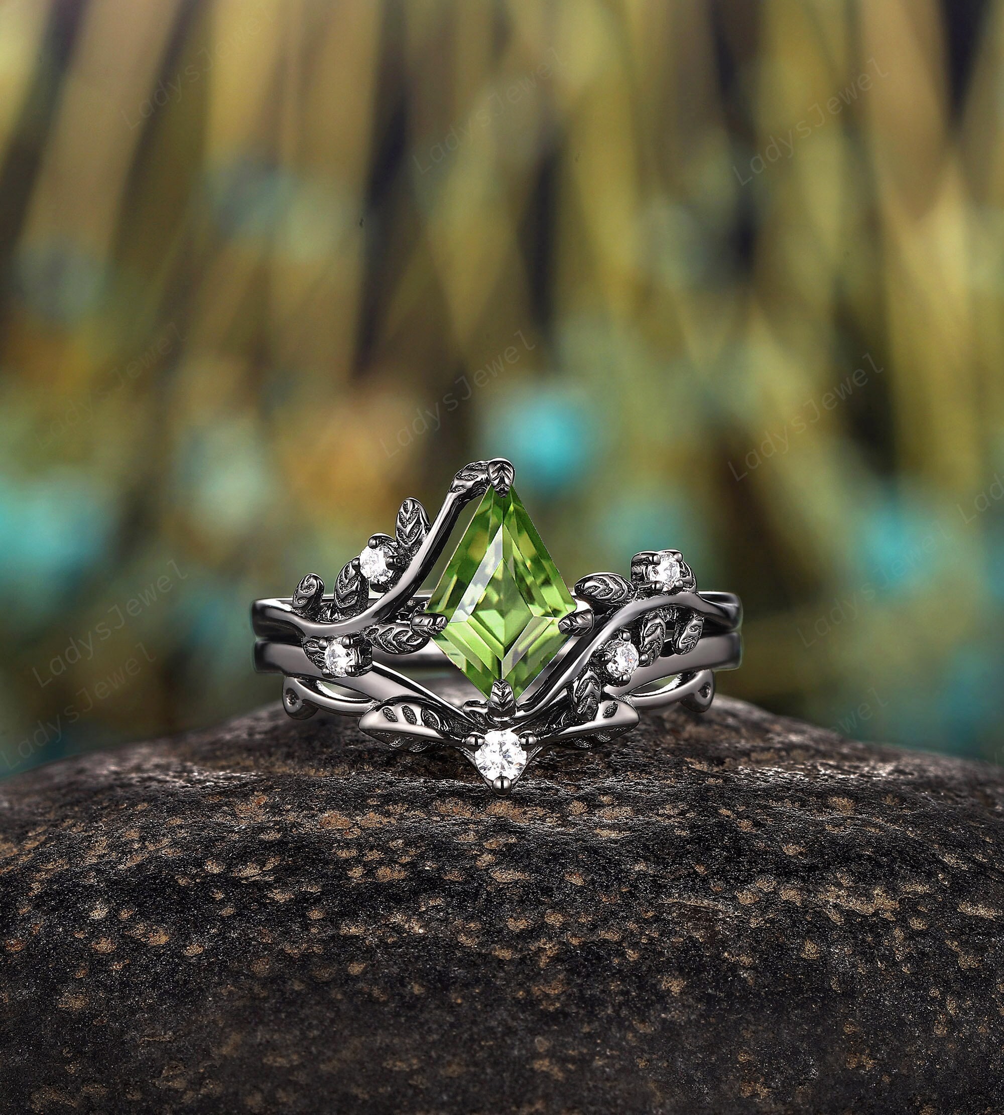 Natural Kite Cut Peridot Gothic Bridal Set Rhodium Black Gold Vine