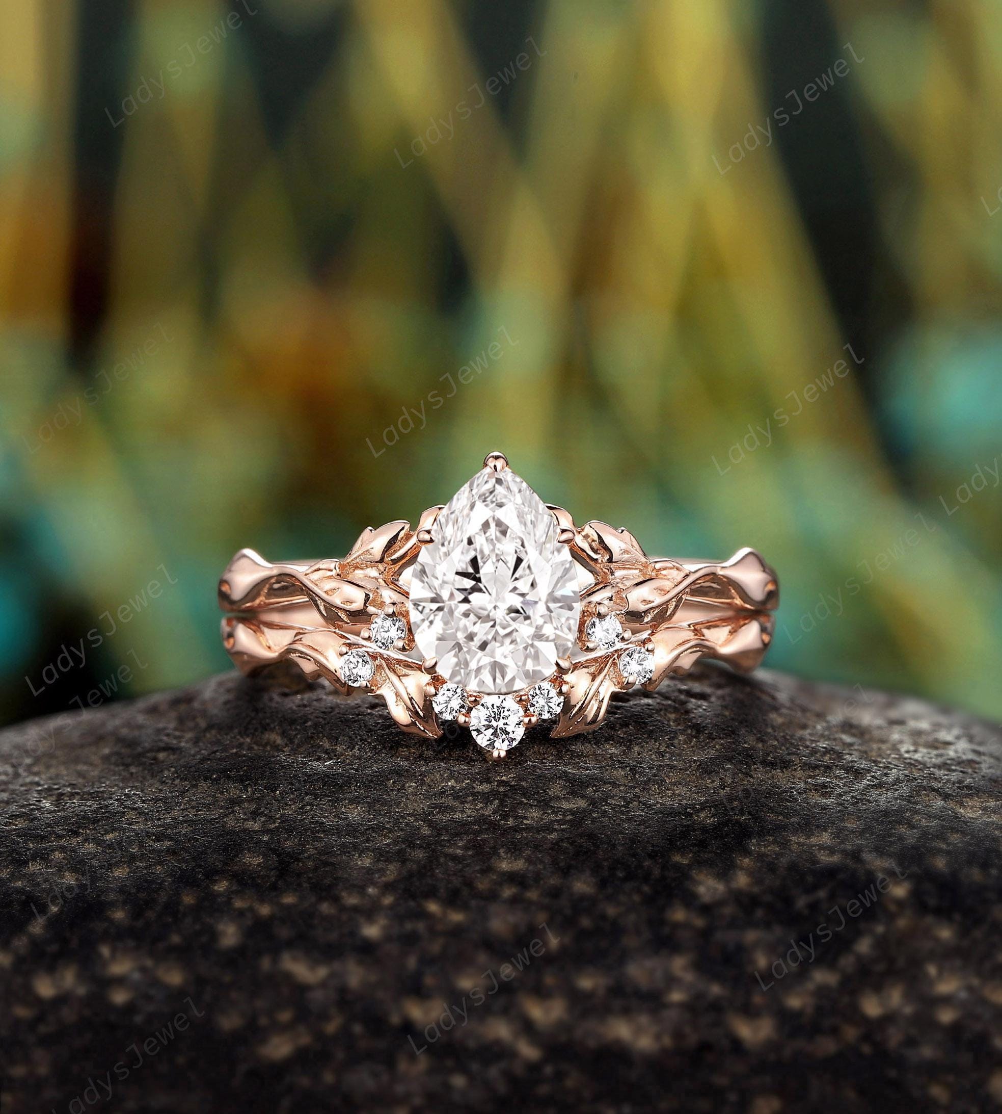 Nature Inspired Pear Cut Diamond Engagement Ring, 14K Rose Gold