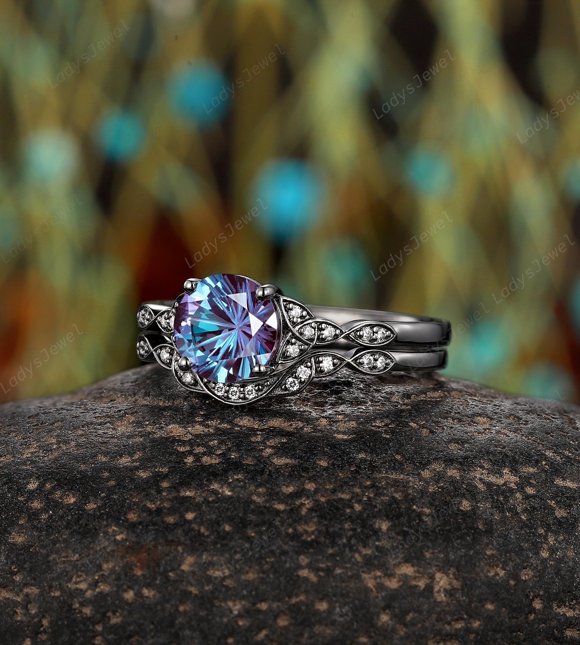 Round Fireworks Alexandrite Engagement Rings Black Gold June