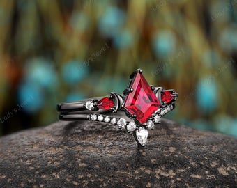 Crescent Kite Cut Red Ruby Engagement Ring Set Rhodium Black Gold
