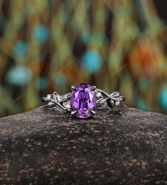 Oval Purple Sapphire Gothic Engagement Ring 14K Black Gold Violet
