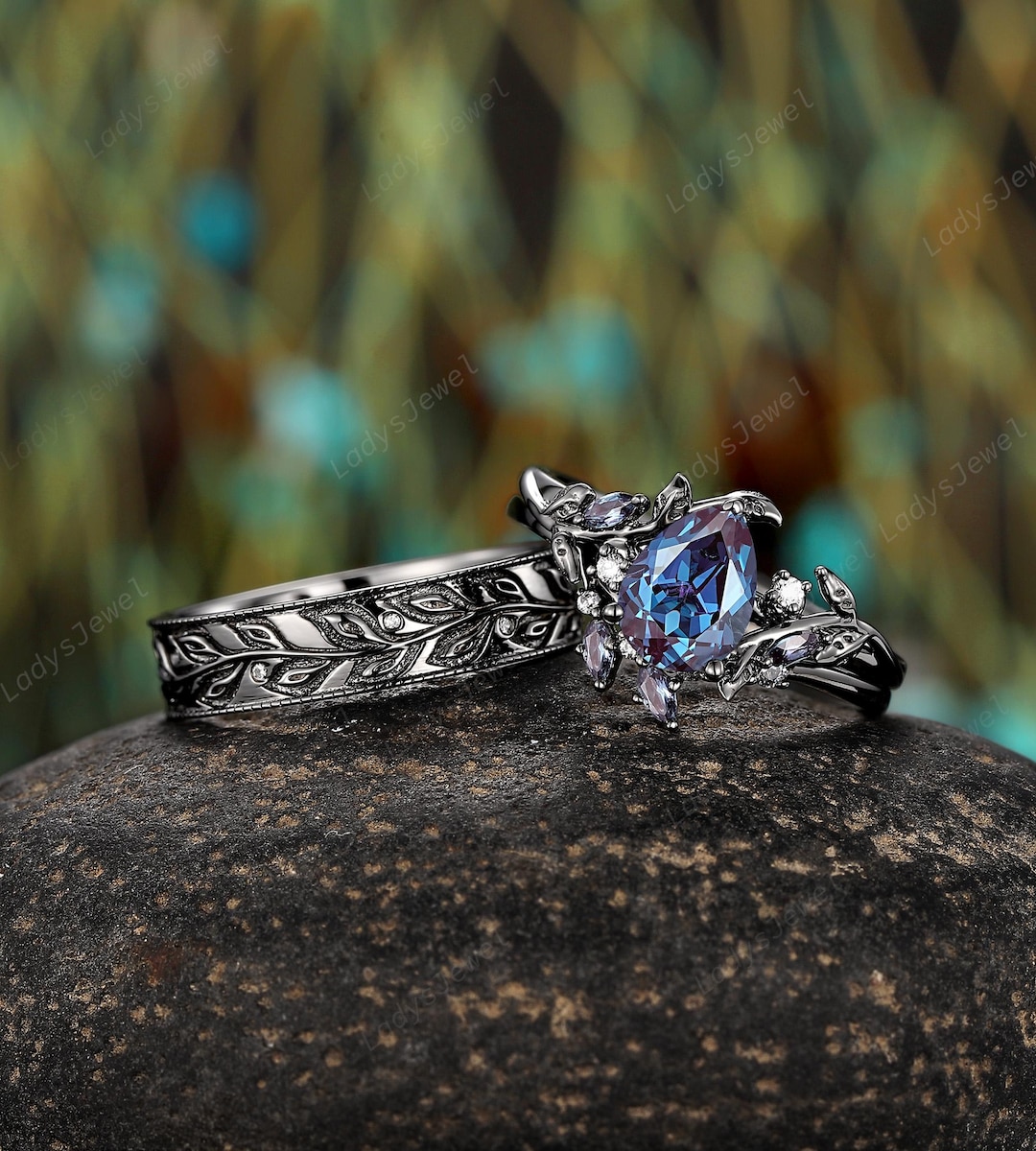 Pear Cut Alexandrite Couple Promise Ring Gothic June Birthstone