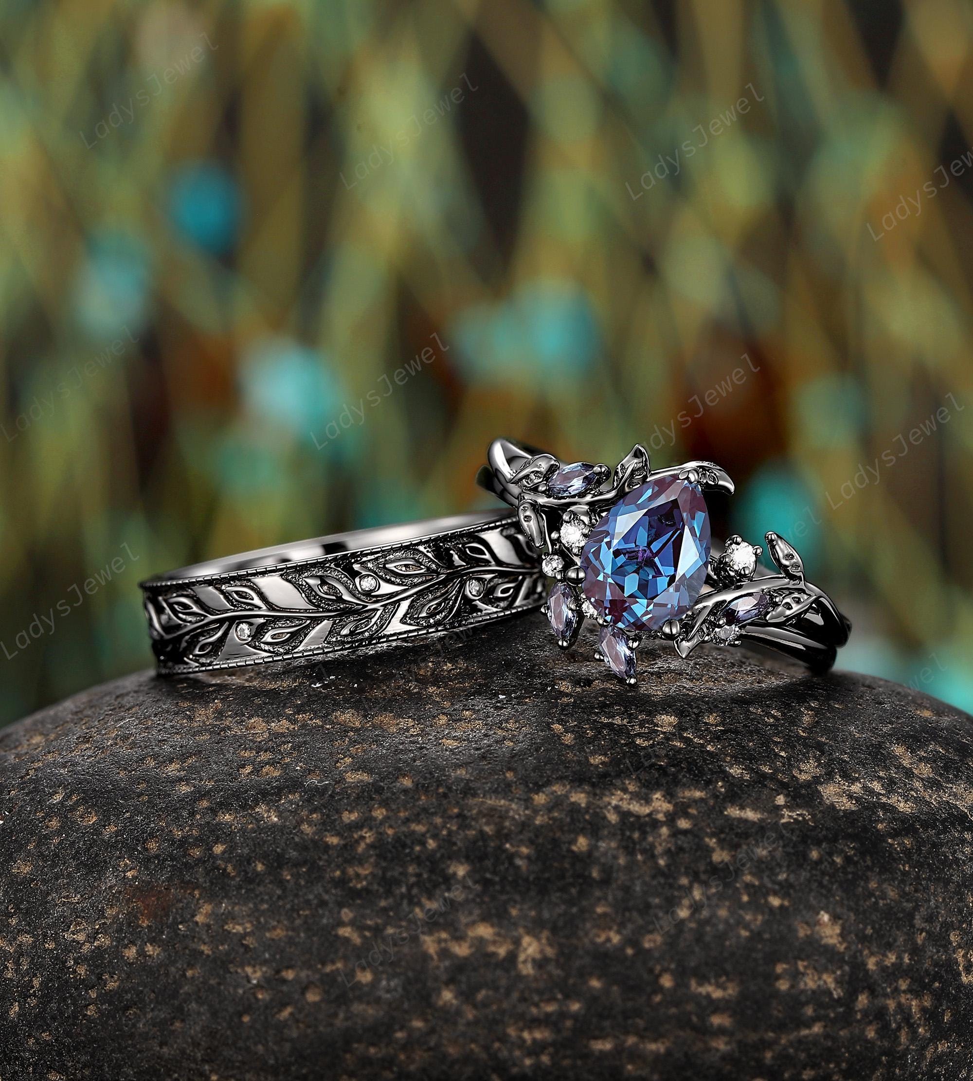 Pear Cut Alexandrite Couple Promise Ring Gothic June Birthstone