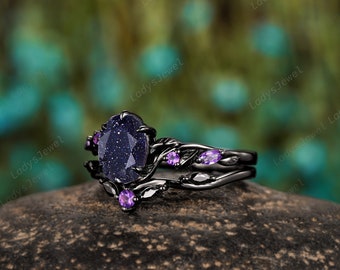 Nebula Blue Sandstone Gothic Bridal Set, Rhodium Black Gold