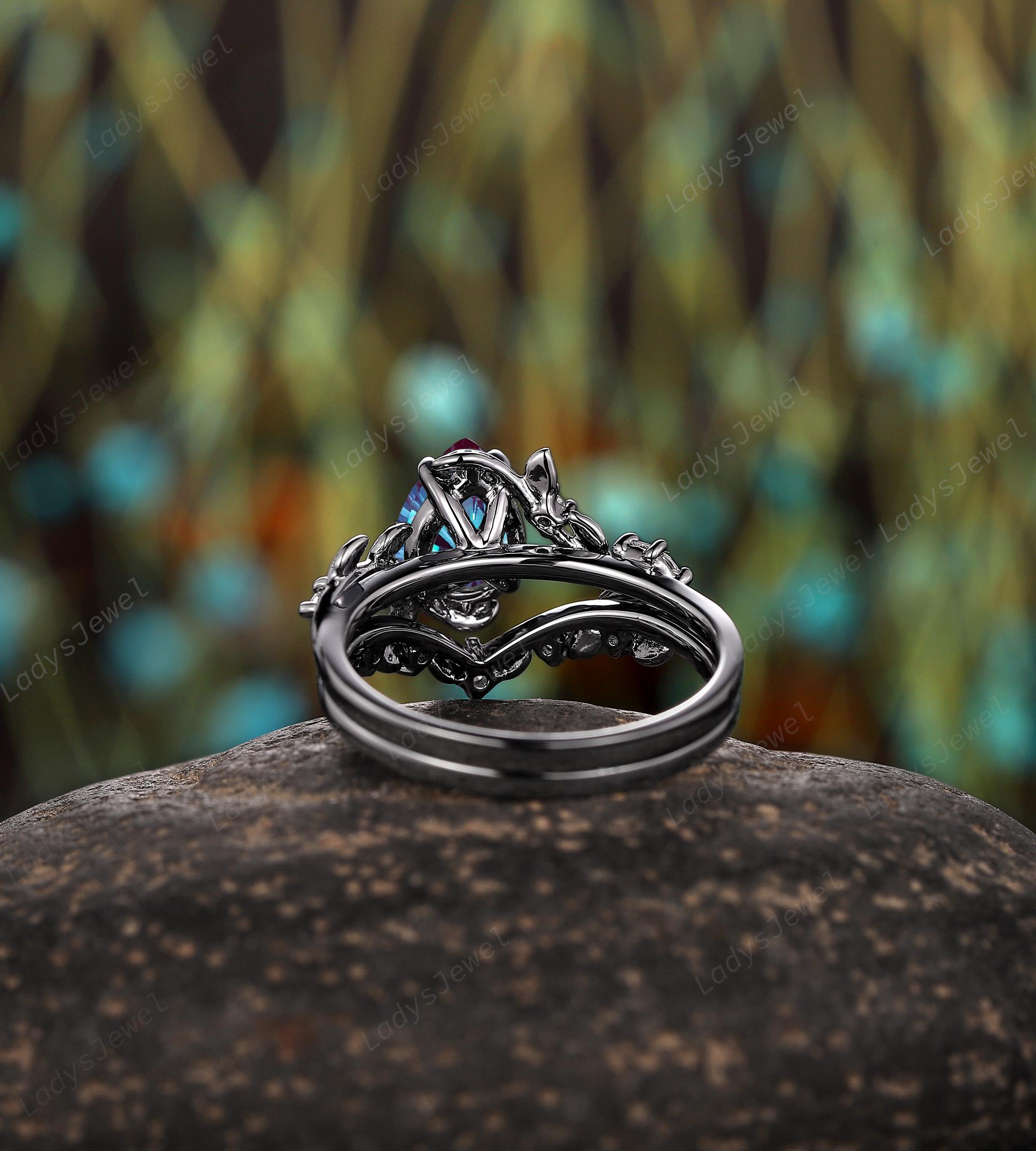 Fireworks Pear Alexandrite Engagement Ring Set Solid Black Gold