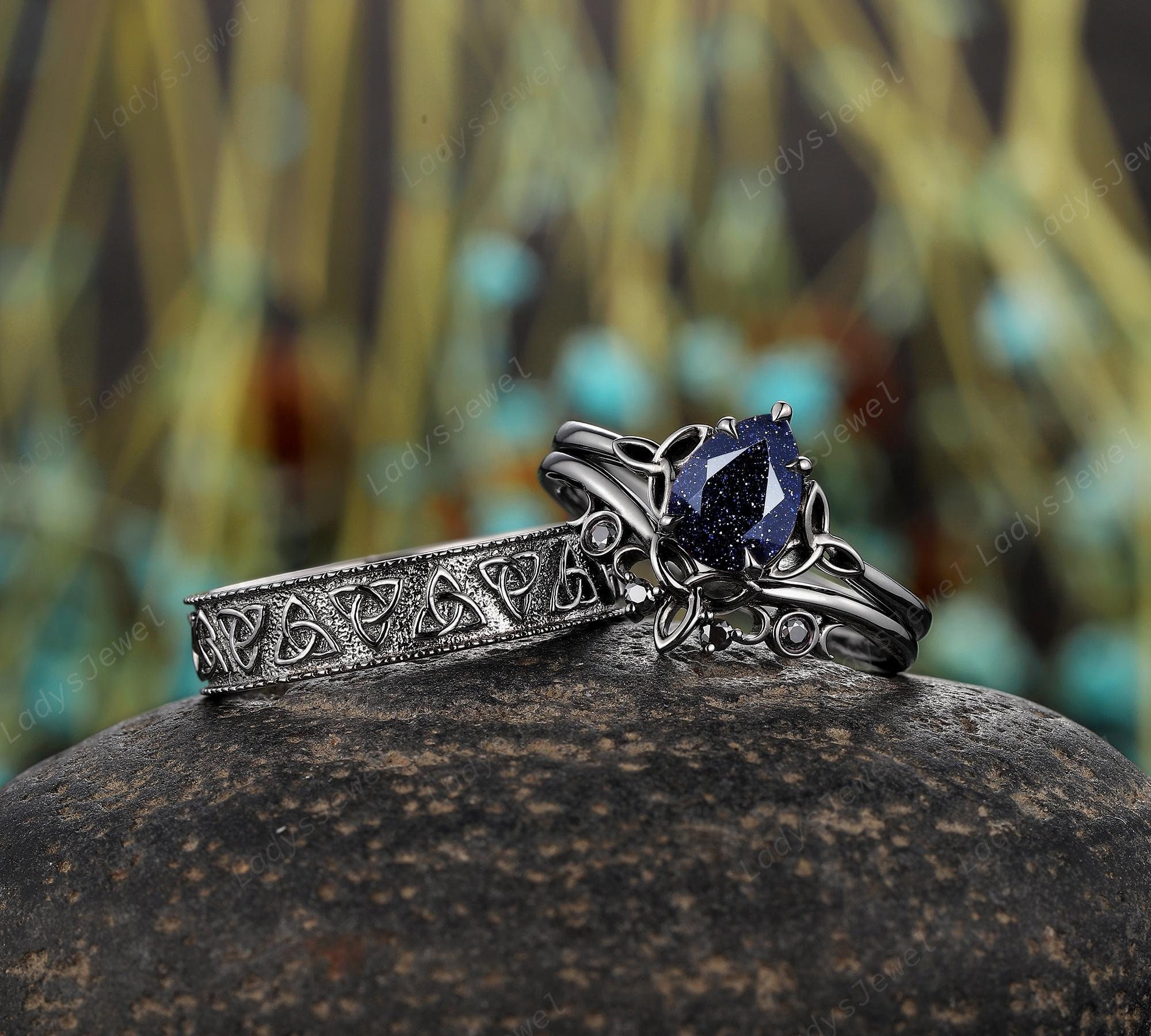 Pear Blue Sandstone His and Hers Wedding Band, 14K Black Gold