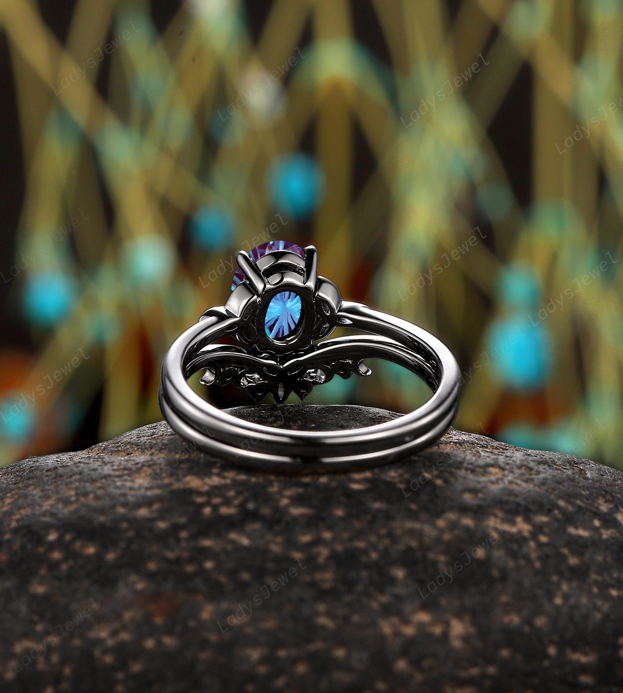 Gothic Firework Cut Alexandrite Engagement Ring Set 14K Black Gold