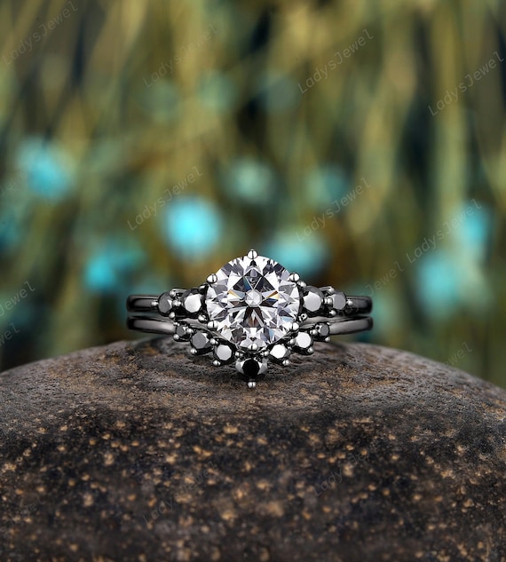 Witchy Black Gold Gray Moissanite Engagement Ring Set, Rhodium