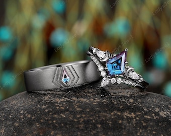Gothic Kite Cut Alexandrite Couples Promise Ring Set Black Gold Crescent His and Hers Wedding Band Color Change Stone Witchy Engagement Ring