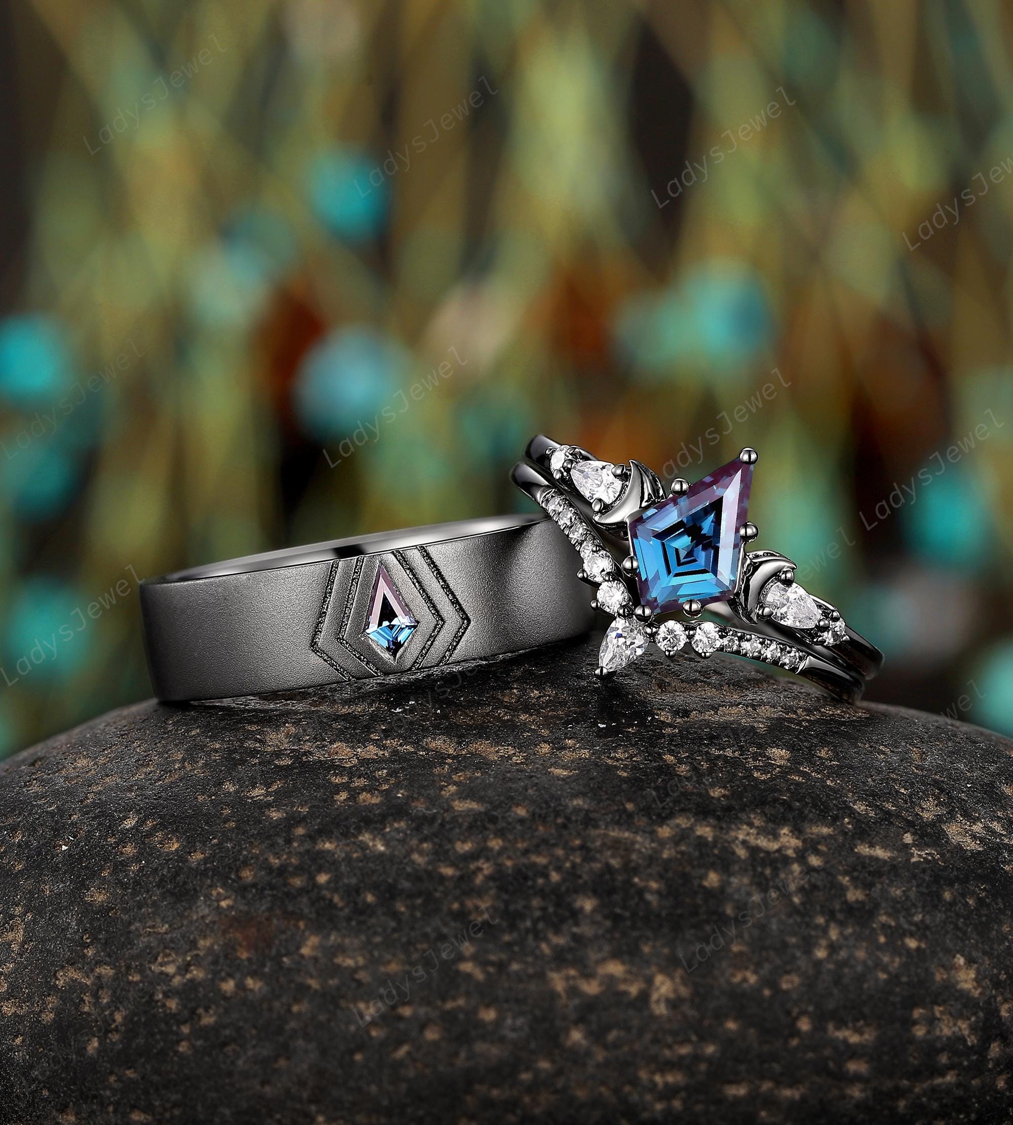 Gothic Kite Cut Alexandrite Couples Promise Ring Set Black Gold