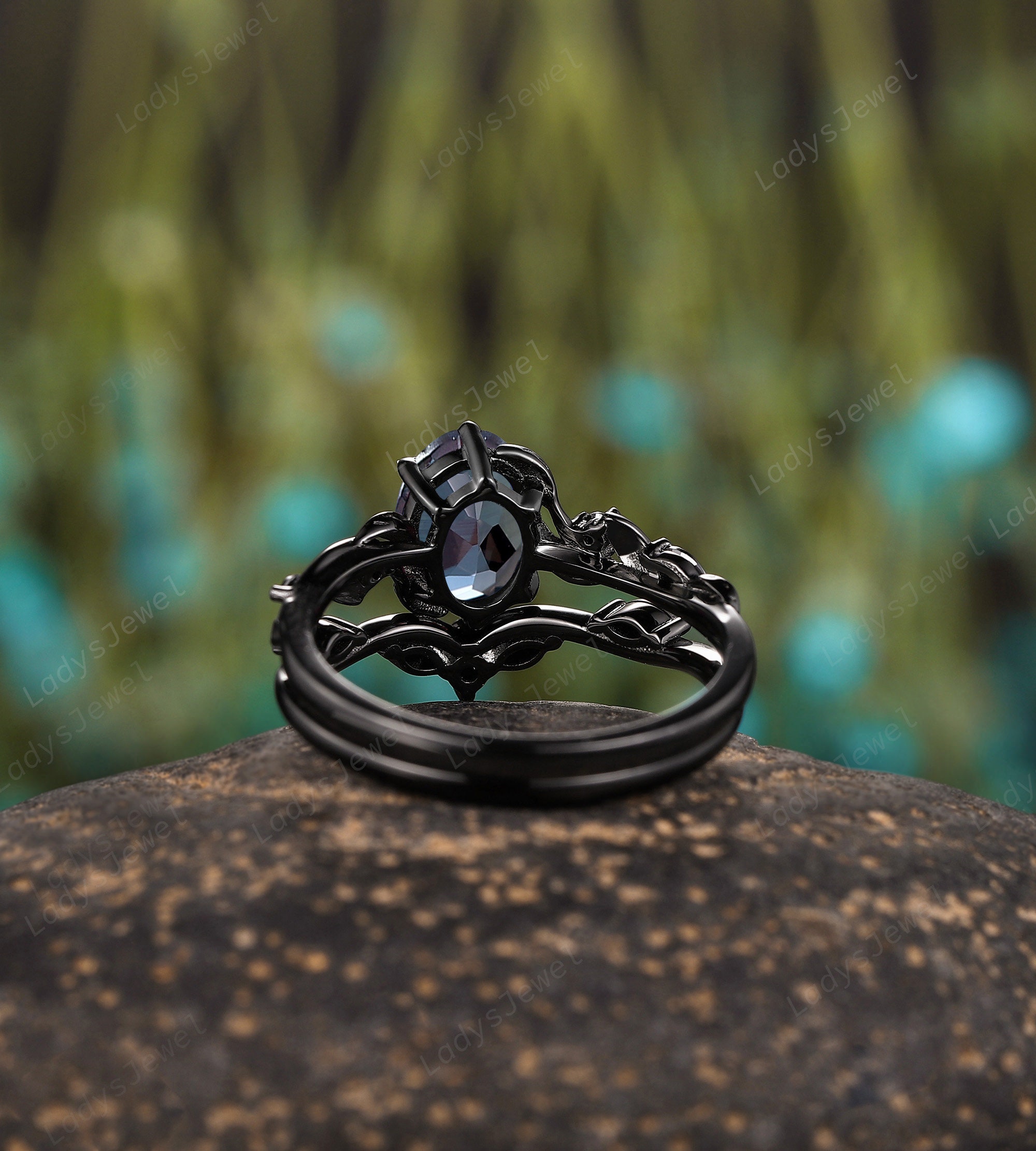 Gothic Oval Cut Alexandrite Engagement Ring Set Rhodium Black Gold