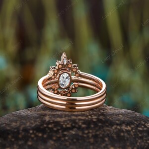 1 Carat Oval Lab Grown Diamond Ring Bridal Set 18K Rose Gold IGI Certified Engagement Ring Set 3PCS Pave Half Eternity Diamond Wedding Ring image 9