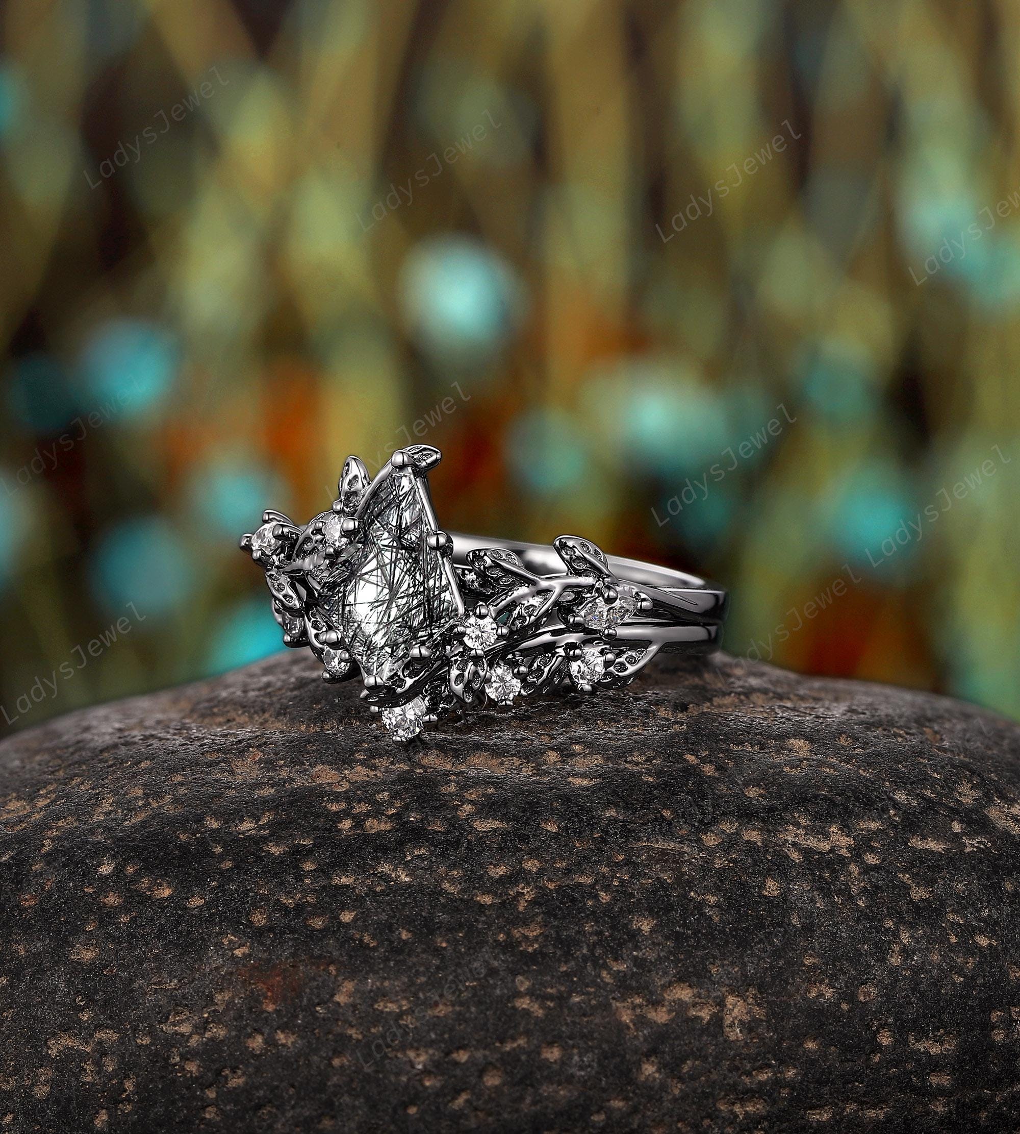 Kite Cut Black Rutilated Quartz Engagement Ring Set, Gothic Black