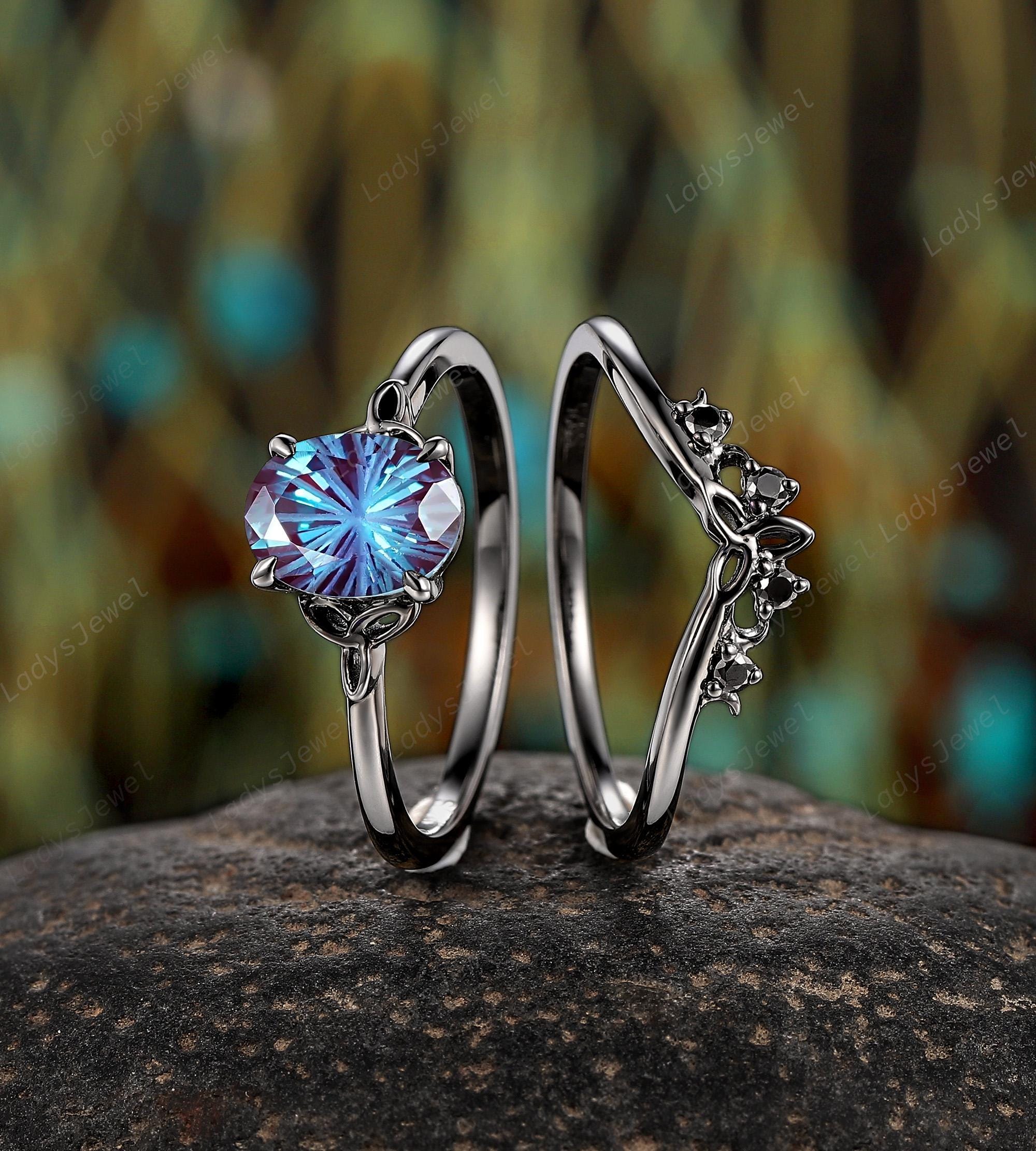 Gothic Firework Cut Alexandrite Engagement Ring Set 14K Black Gold