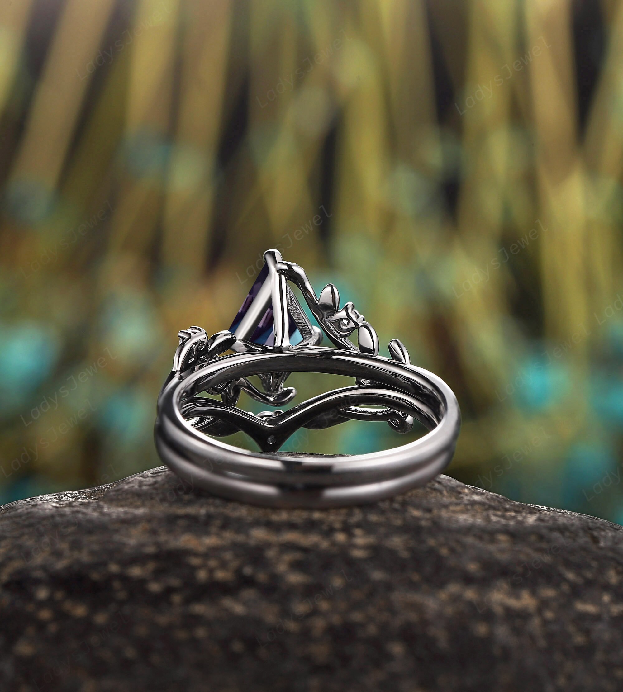 Gothic Kite Cut Alexandrite Engagement Rings Rhodium Black Gold