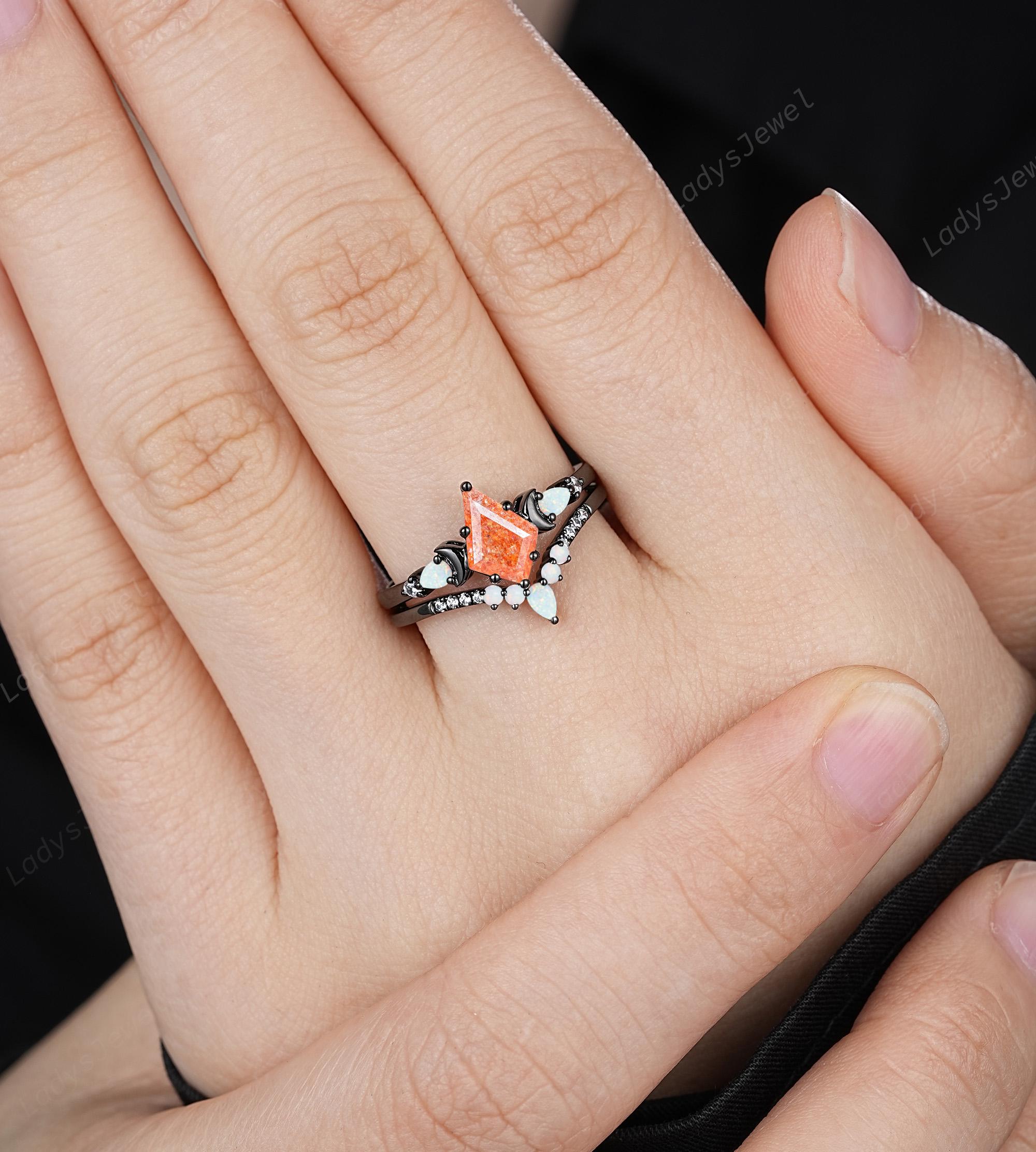 Crescent Kite Cut Sunstone Engagement Ring Set Rhodium Black Gold
