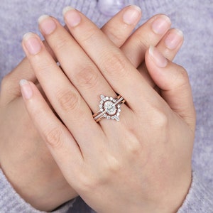1 Carat Oval Lab Grown Diamond Ring Bridal Set 18K Rose Gold IGI Certified Engagement Ring Set 3PCS Pave Half Eternity Diamond Wedding Ring image 3