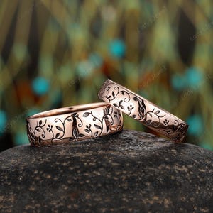 Nature Inspired Leaf Couple Promise Ring 14K Rose Gold Full Eternity Bridal Set His & Hers Wedding Band Platinum Twig Branch Engagement Ring