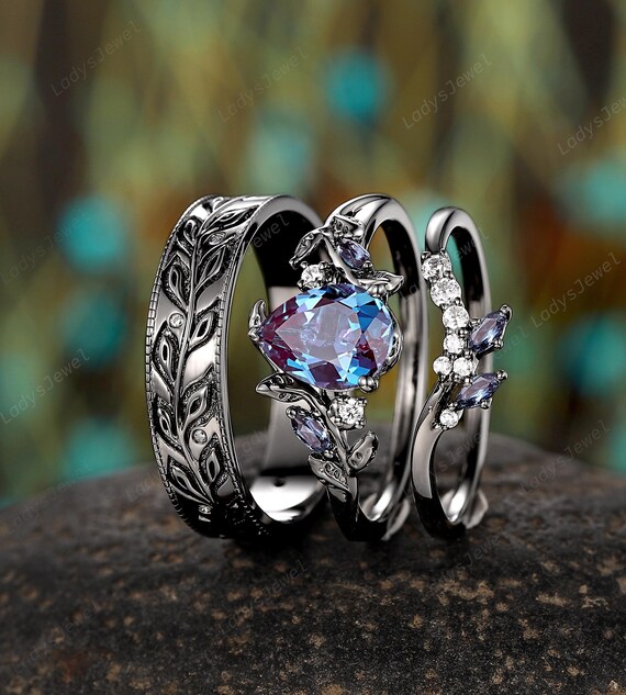 Pear Cut Alexandrite Couple Promise Ring Gothic June Birthstone