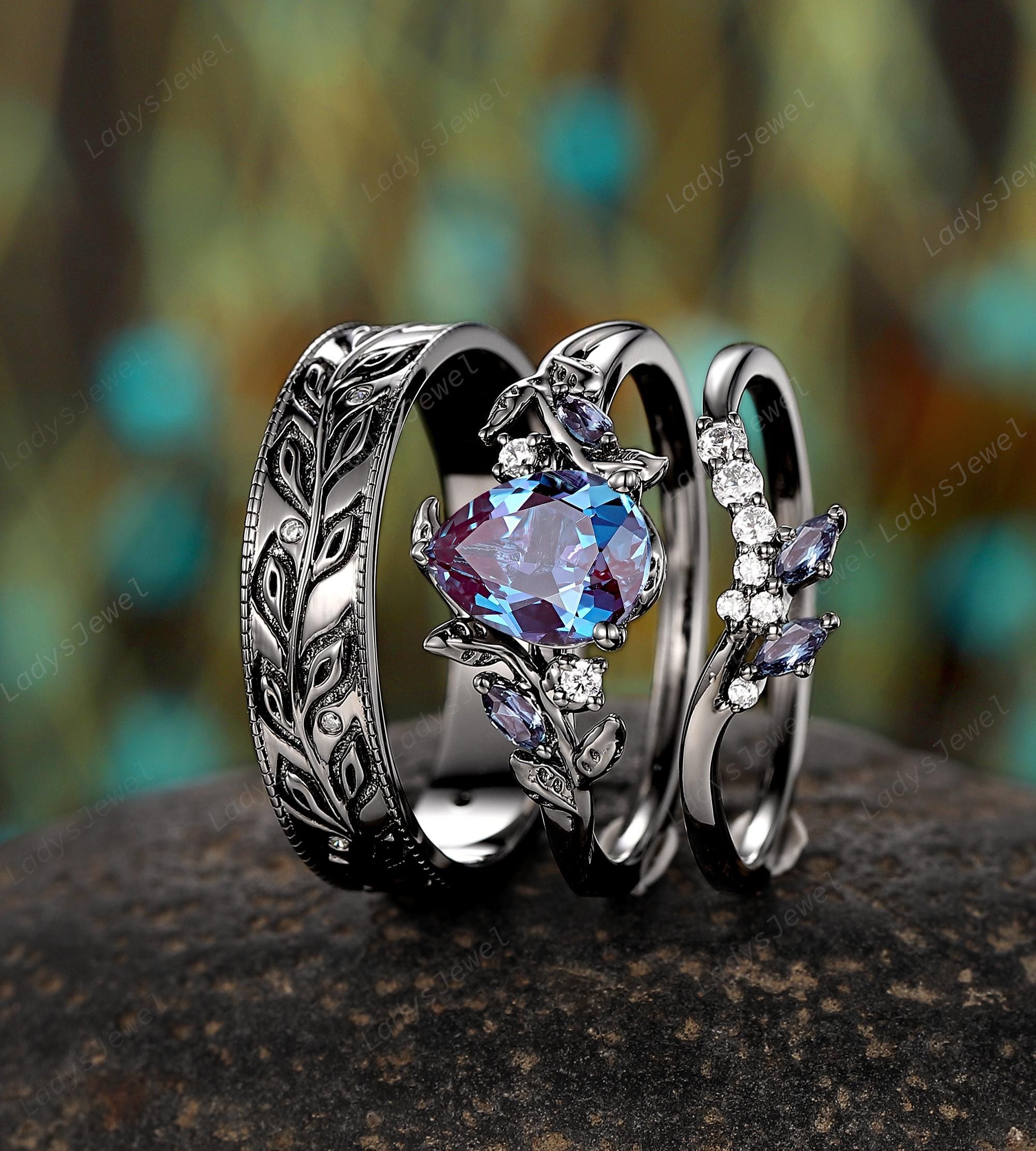 Pear Cut Alexandrite Couple Promise Ring Gothic June Birthstone