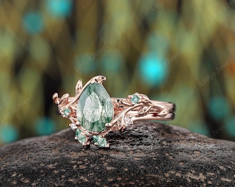 Pear Cut Natural Moss Agate Engagement Rings 14K Rose Gold Twig