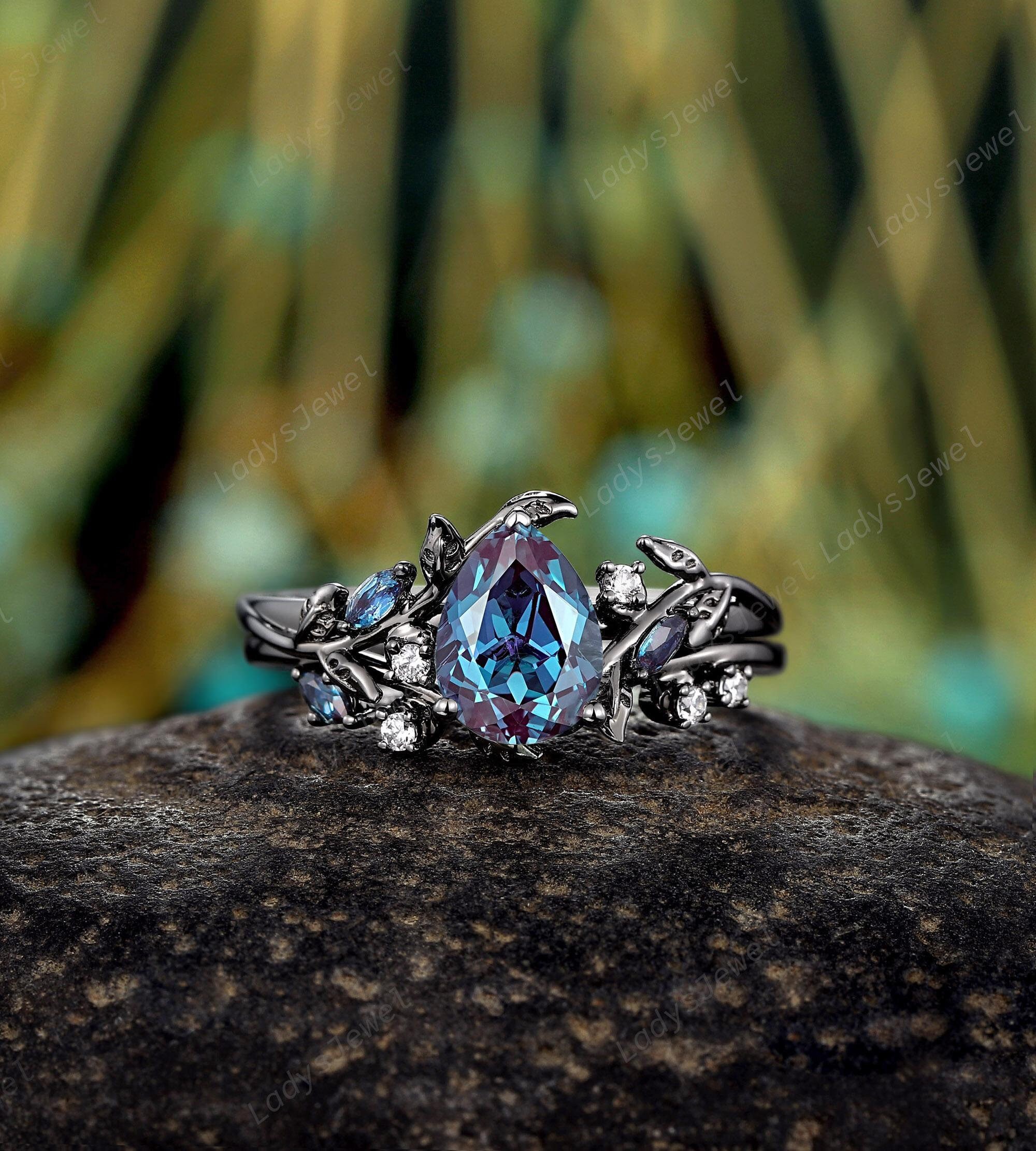 Gothic Pear Cut Alexandrite Engagement Ring Set Rhodium Black Gold