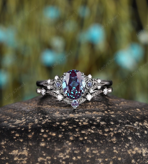 Oval Cut Alexandrite Engagement Ring Set Rhodium Black Gold Nature