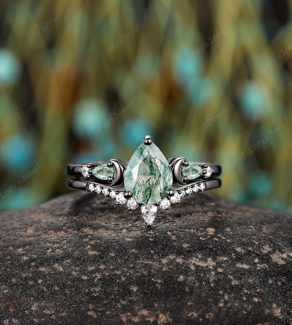 Gothic Natural Moss Agate Engagement Ring Set Rhodium Black Gold Gothic Natural Moss Agate Engagement Ring Set Rhodium Black Gold