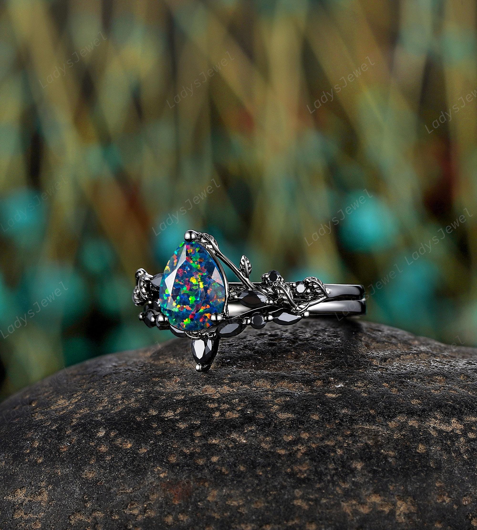Pear Cut Facet Black Fire Opal Engagement Ring Rhodium Black Gold