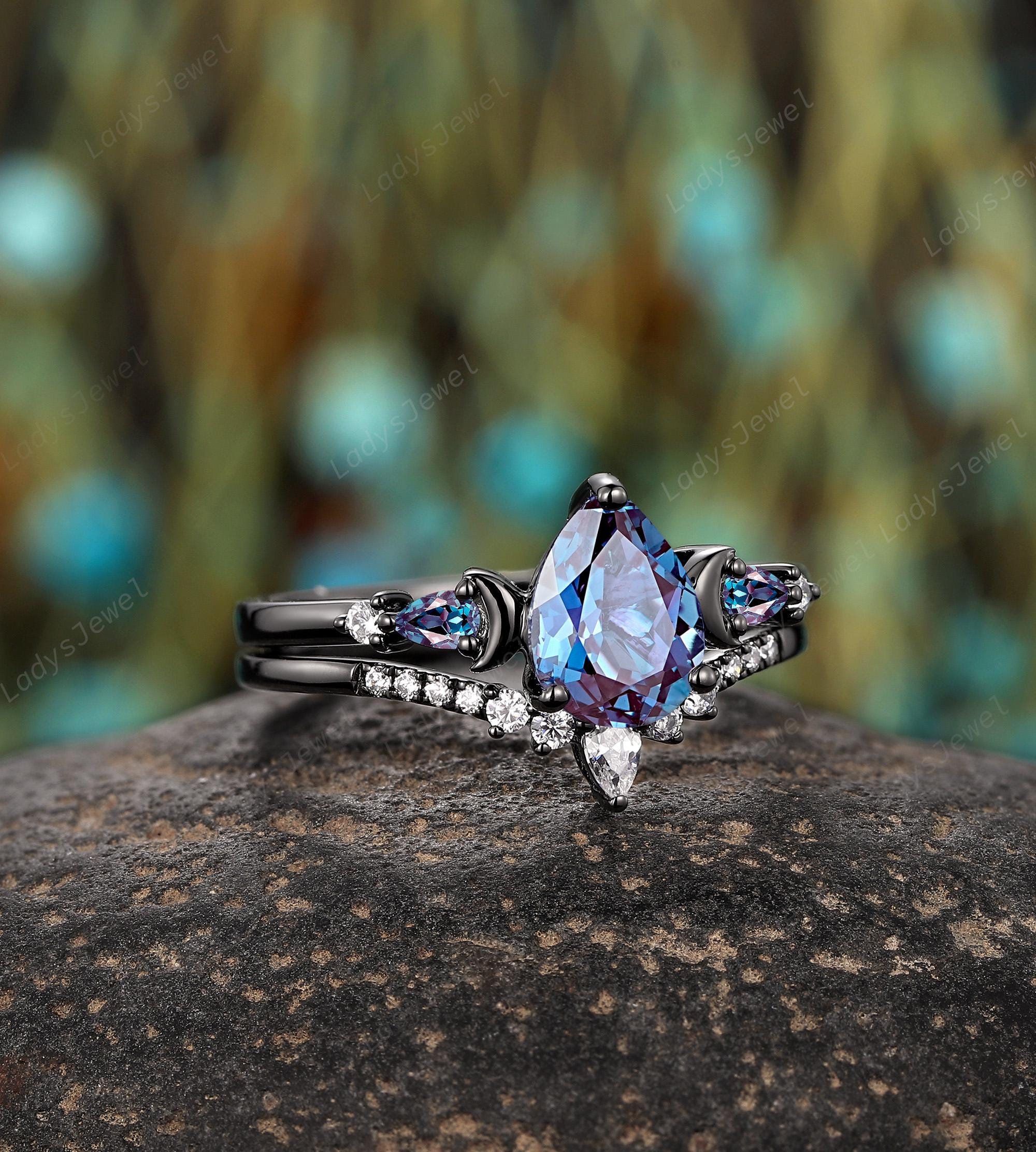 Crescent Pear Cut Alexandrite Engagement Rings Gothic Black Gold