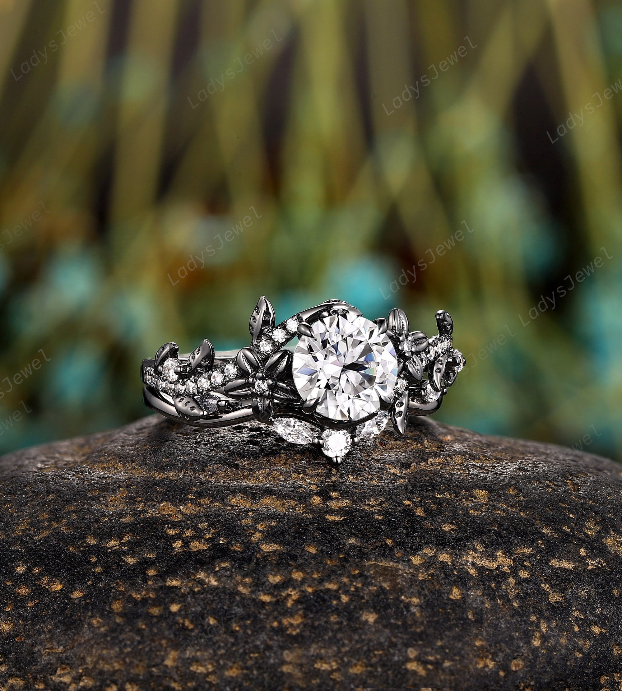 Gothic Clear Moissanite Engagement Ring Set Rhodium Black Gold