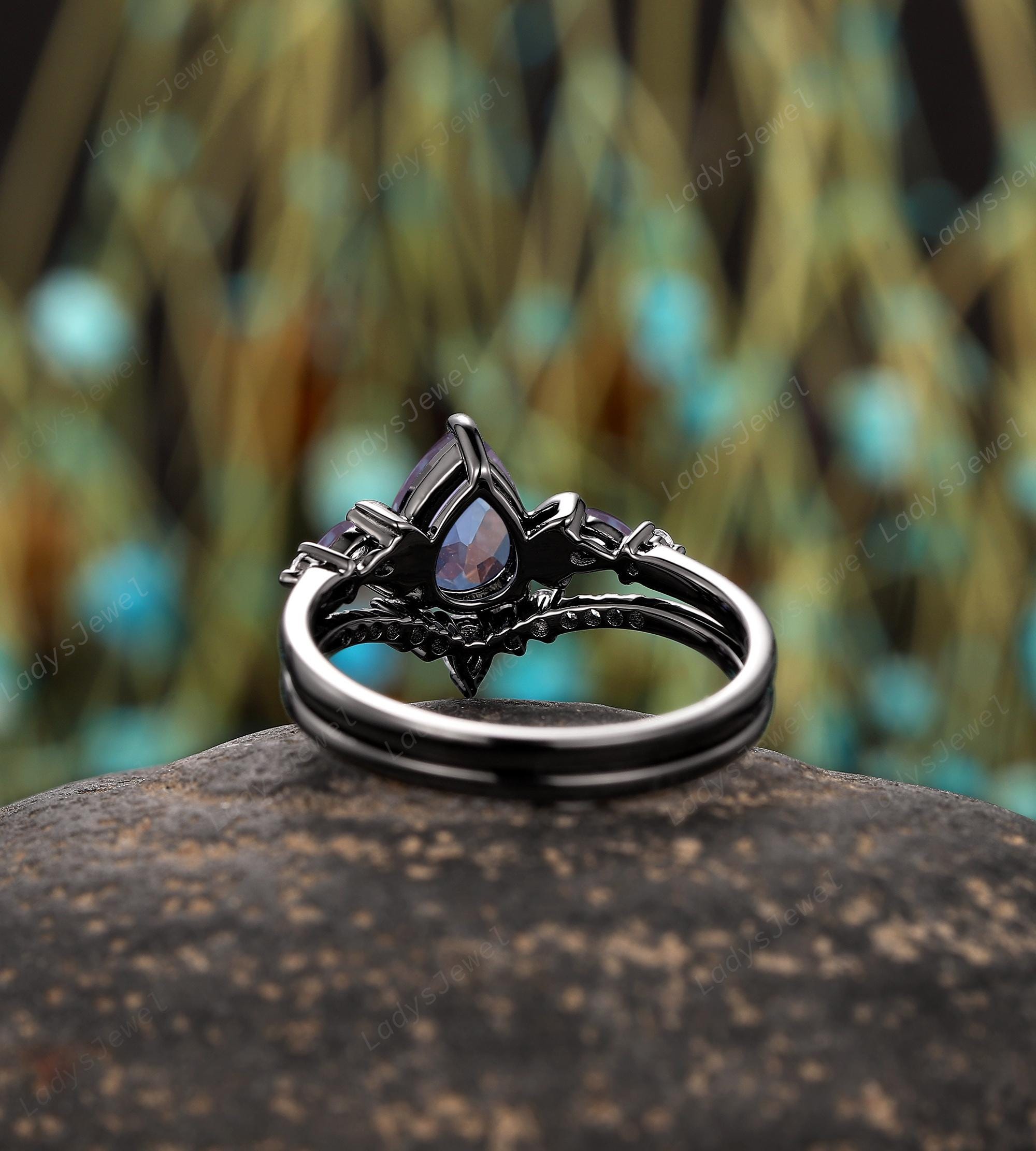 Crescent Pear Cut Alexandrite Engagement Rings Gothic Black Gold