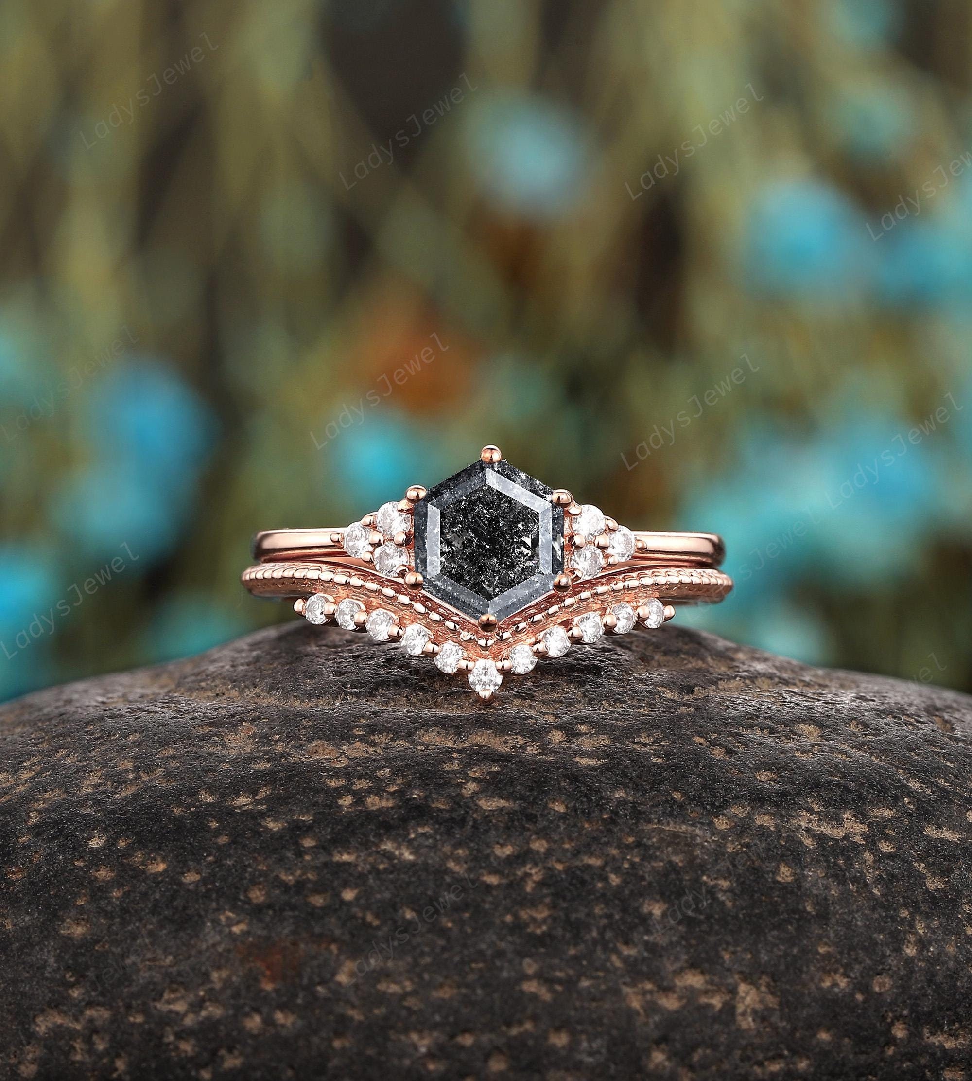 1CT Salt and Pepper Diamond Bridal Set, Hexagon Natural Black