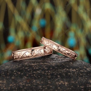 Natural Twig Leaf His and Hers Wedding Band 14K Rose Gold Milgrain Couple Promise Ring Set Full Eternity Women&#39;s Men&#39;s Engagement Ring Gift
