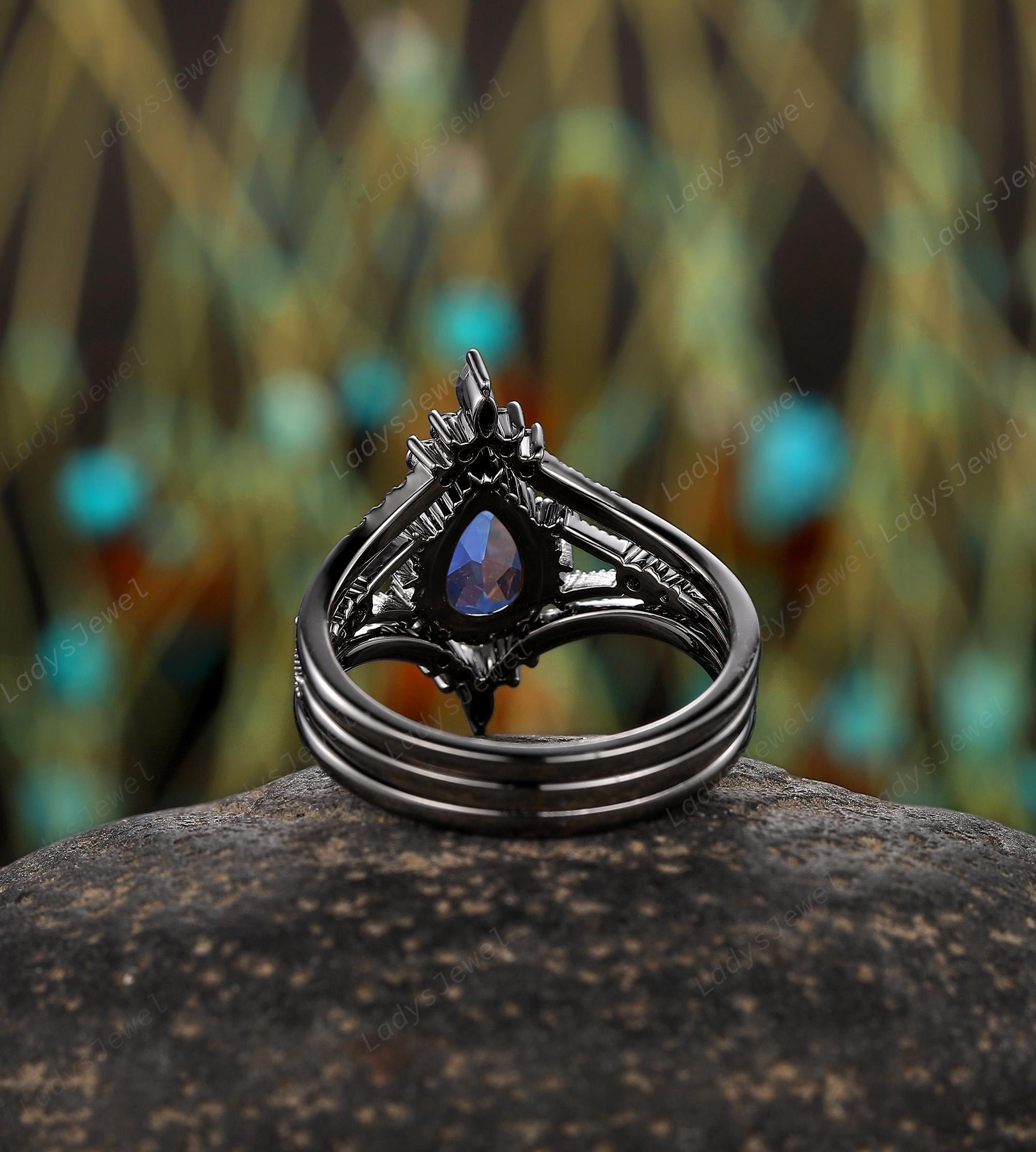 3PCS Pear Cut Alexandrite Engagement Ring, Rhodium Black Gold June