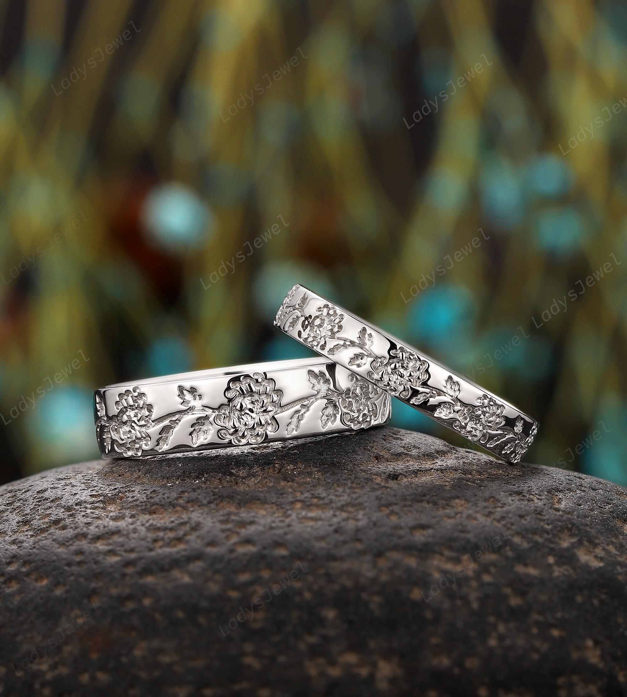 Mums Flower Couple Promise Ring Set Chrysanthemum His and Hers