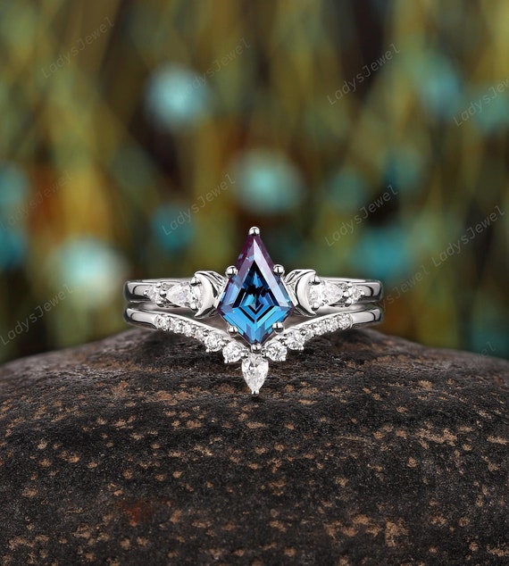 Crescent Kite Cut Alexandrite Engagement Ring Set 14K White Gold